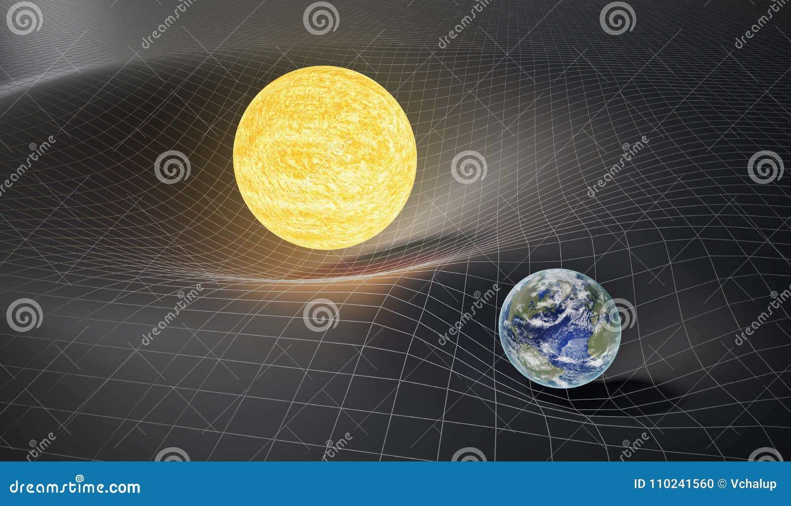 Gravedad y teoría general del concepto de la relatividad Tierra y Sun en espacio-tiempo torcido 3D rindió la ilustración