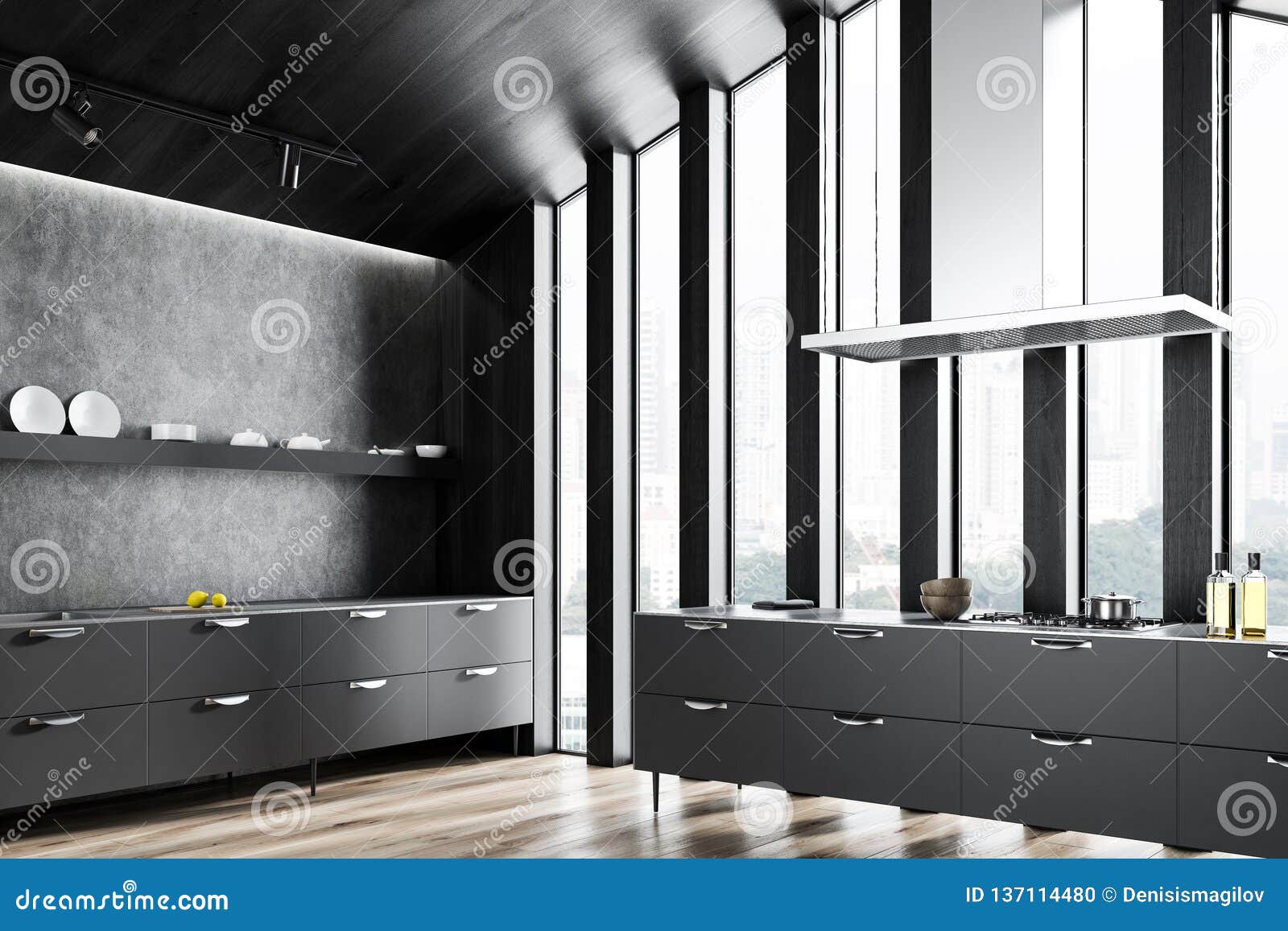 Dark Gray Wood Countertop Kitchen Island corner of attic kitchen with dark wooden and gray walls wooden floor gray countertops with built in sink and gray island with a cooker 3d rendering