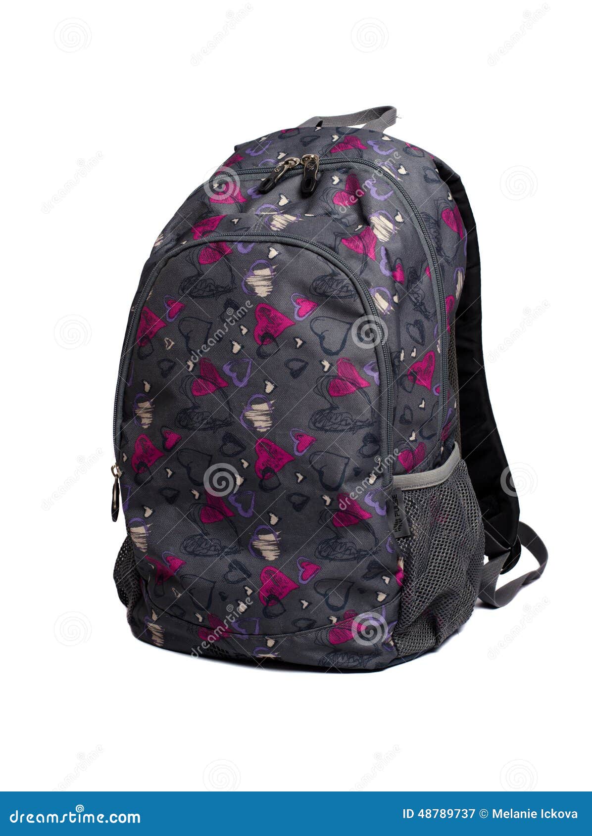 Gray Backpack with Purple and Pink Heart Shapes Stock Image Image of