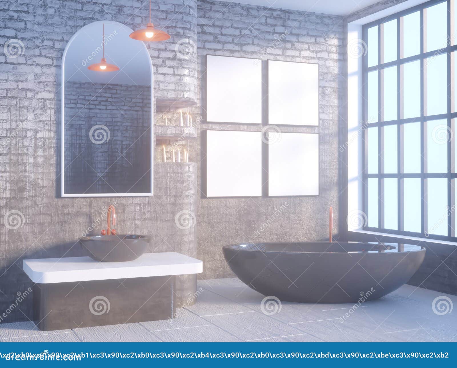 Gray Bathroom Interior with a Concrete Floor, a Bathtub, a Double Sink ...