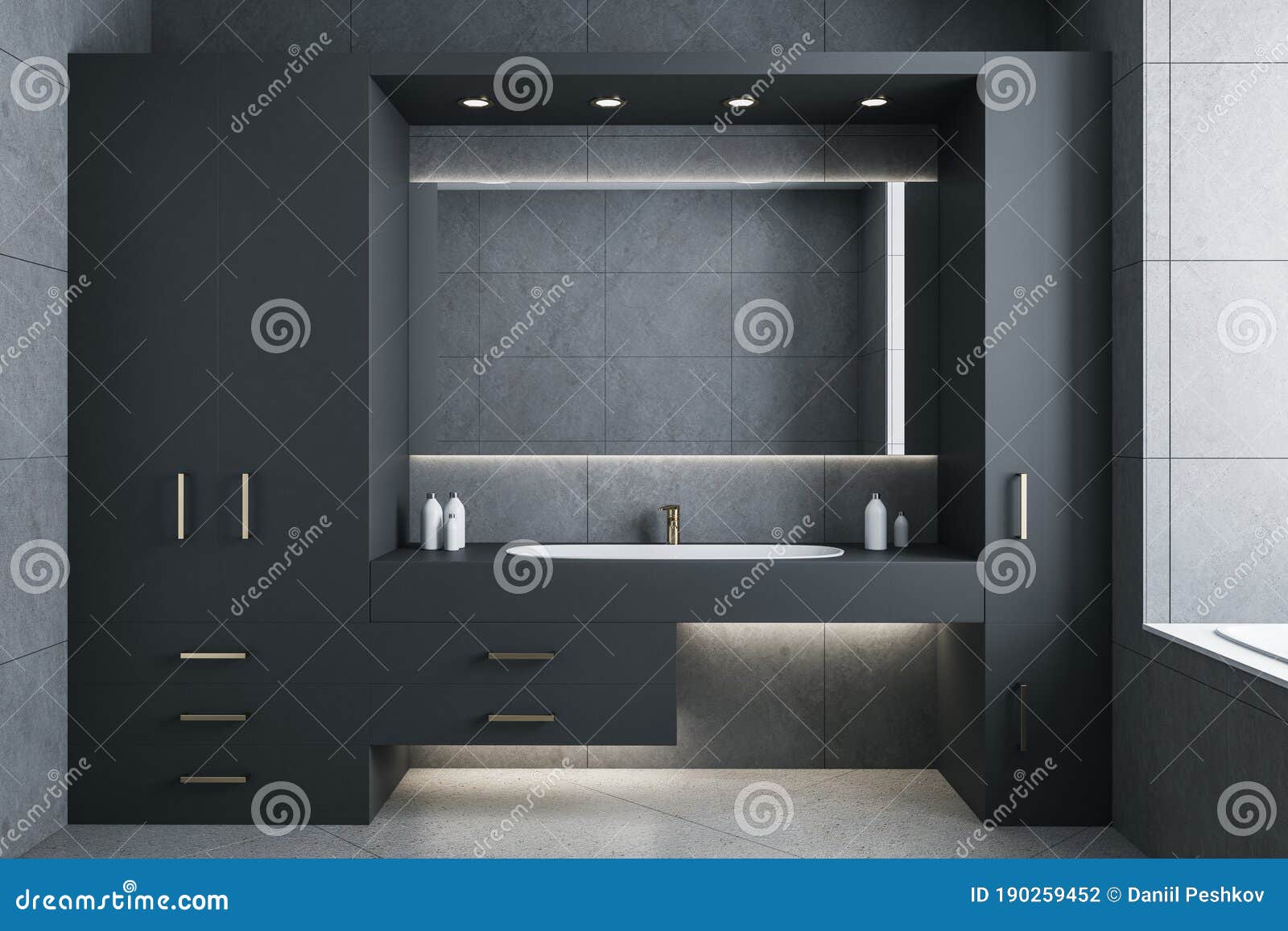 Gray Bathroom with Mirror and Comfortable Washbasin Stock Illustration
