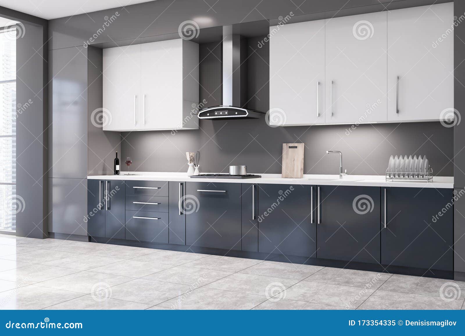 Gray And Blue Kitchen Corner With Countertops Stock Illustration