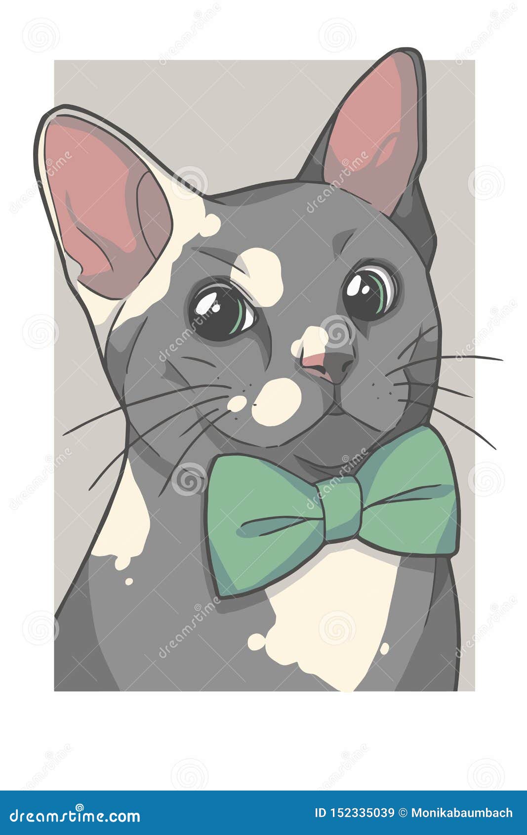 Gray Cat with Green Bowtie Portrait Vector Graphic Illustration Stock ...