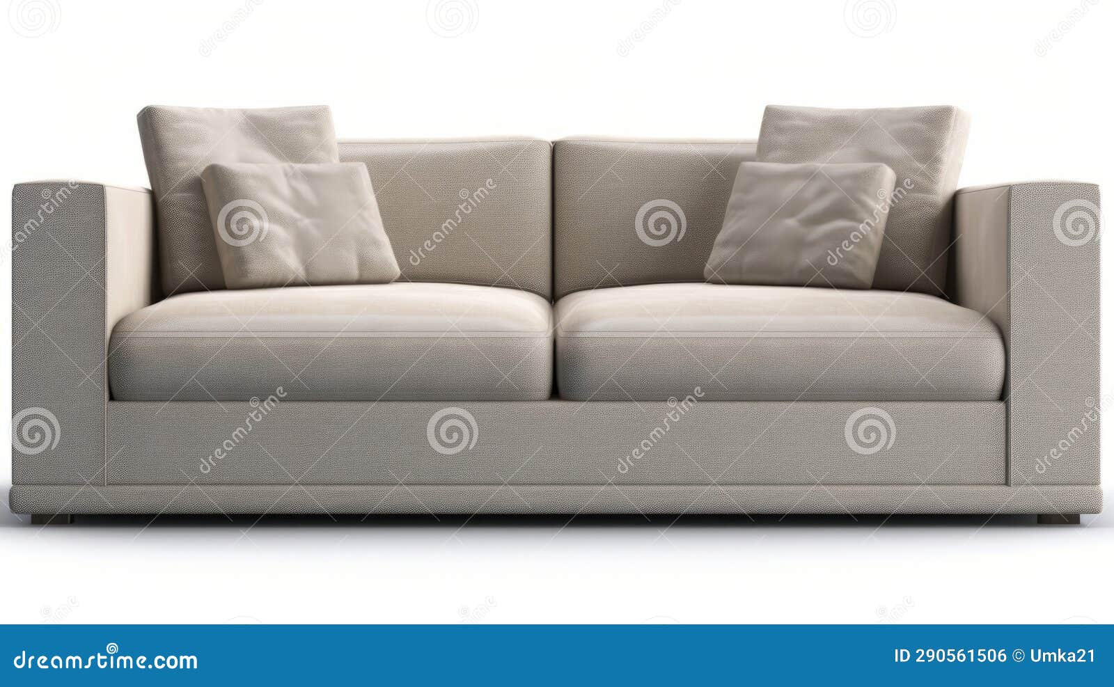 Gray Colored Leather Sofa with Pillows, Isolated on a White Background