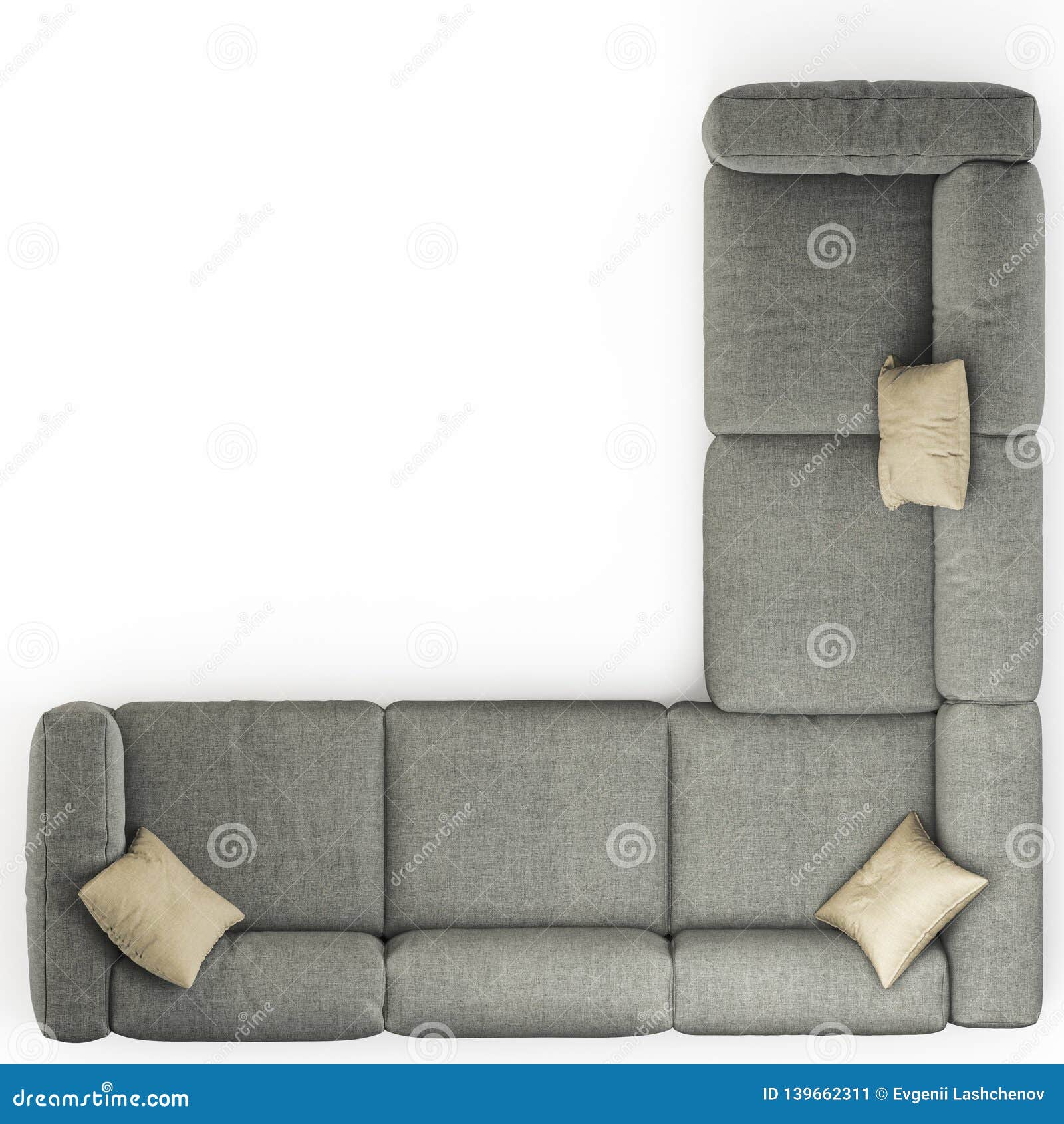 Gray Corner Sofa With Pillows On A White Background Top View 3d Stock
