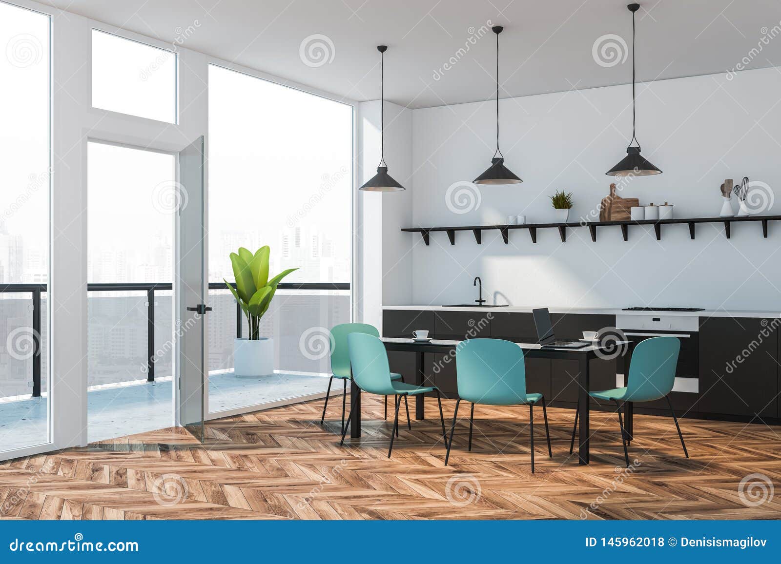 Gray Countertop Kitchen Corner With Balcony Stock Illustration