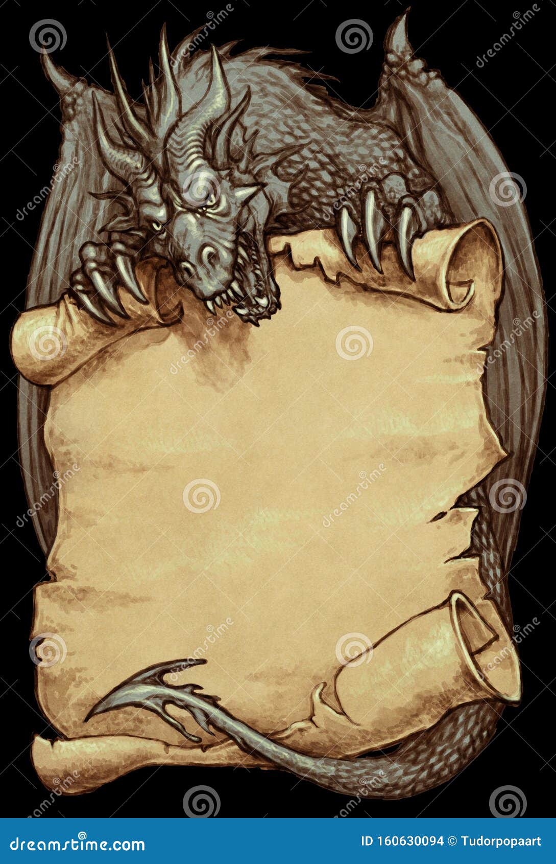 gray dragon holding an ancient scroll - fantasy 