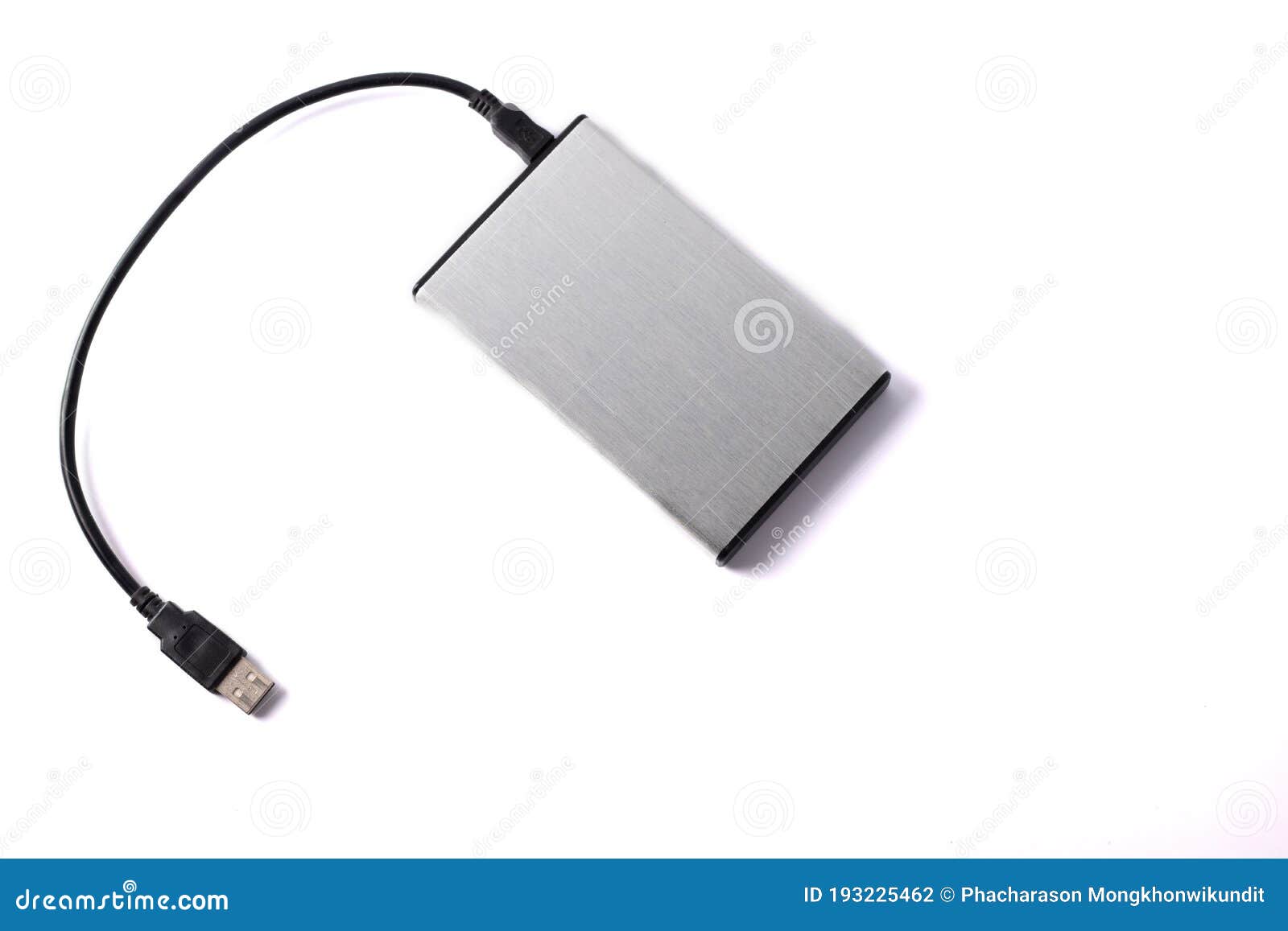 Gray External Hard Disk with Black USB Cable on White Background Stock