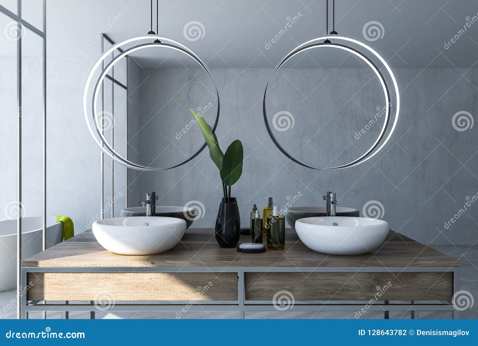Gray And Glass Bathroom White Double Sink Close Up Stock