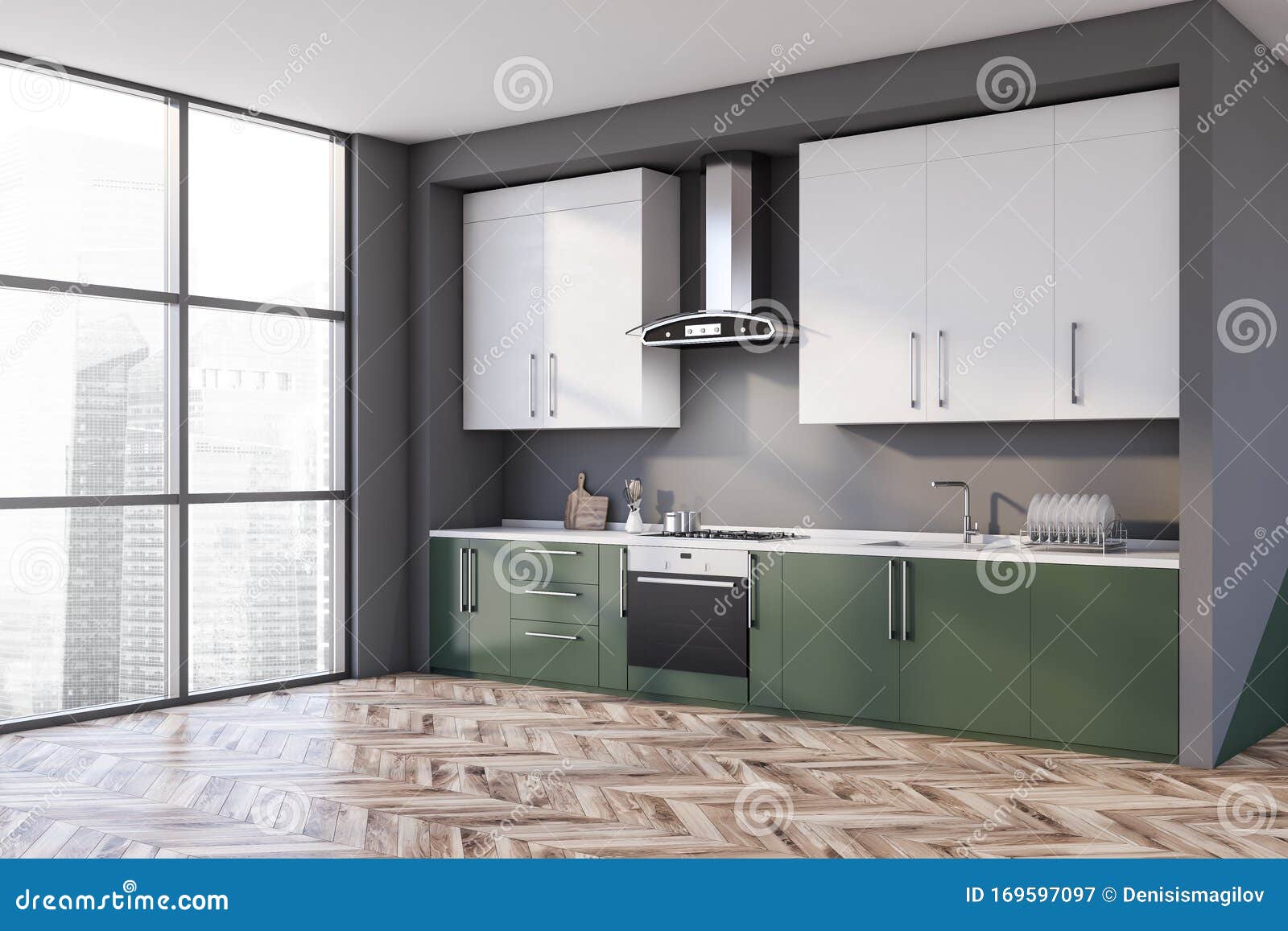 Gray And Green Kitchen Corner With Countertops Stock Illustration