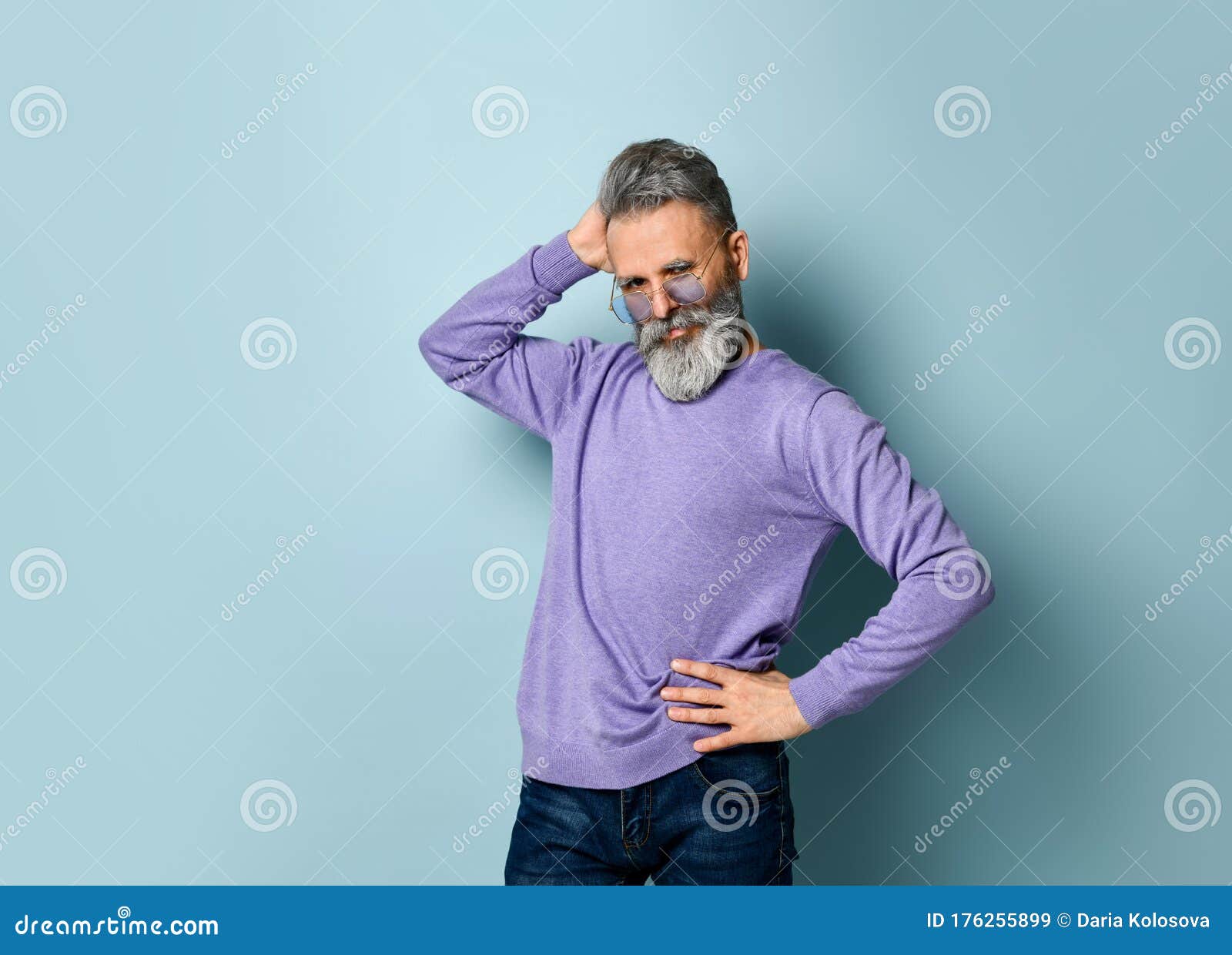 Gray-haired, Bearded Elderly Man in Sunglasses, Purple Sweater. Hands ...