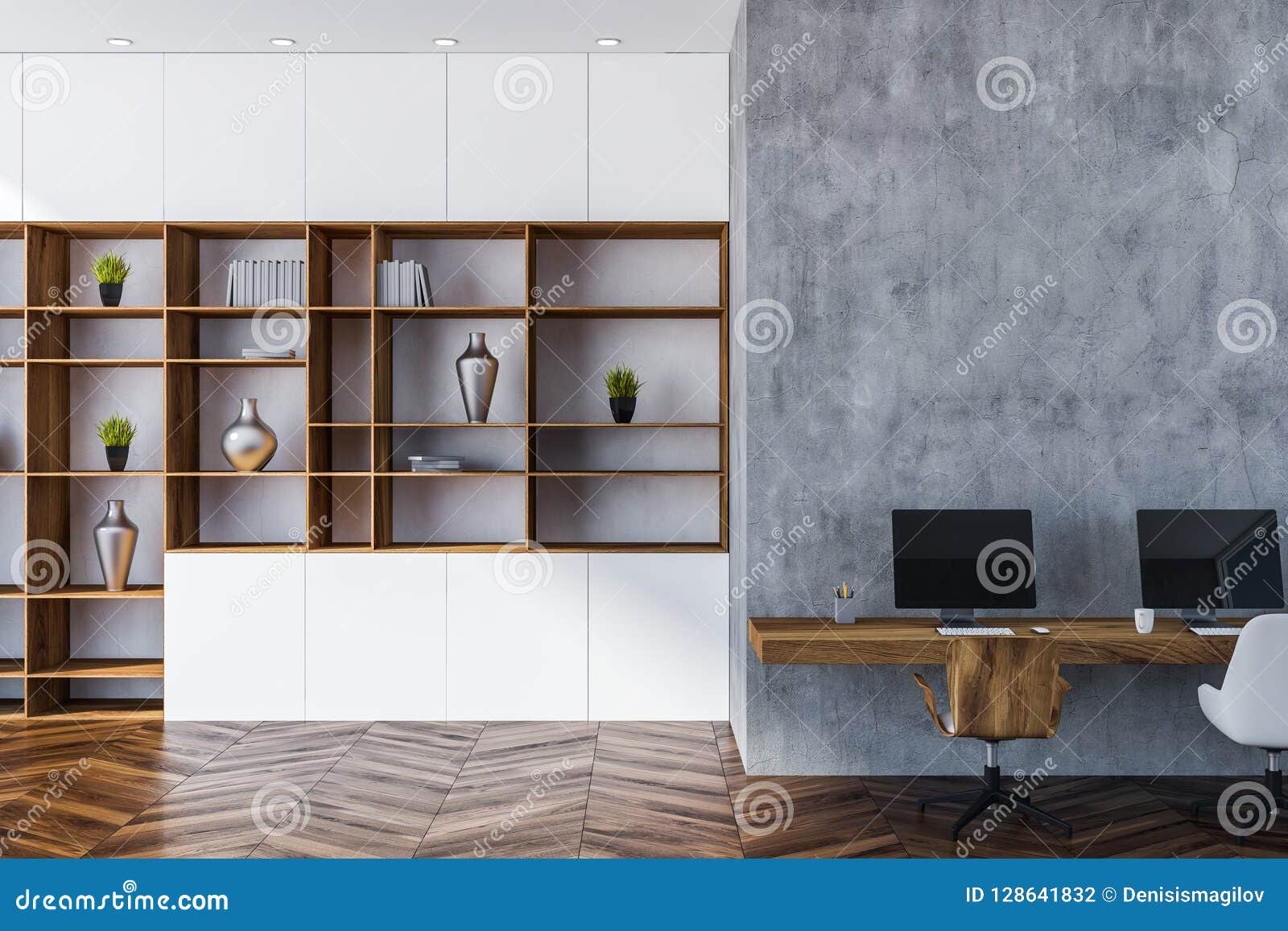 Dark Gray Opened Wall Shelf interior of cozy home office with gray walls wooden floor dark wooden table with computers on it and white and wooden bookcase 3d rendering copy space