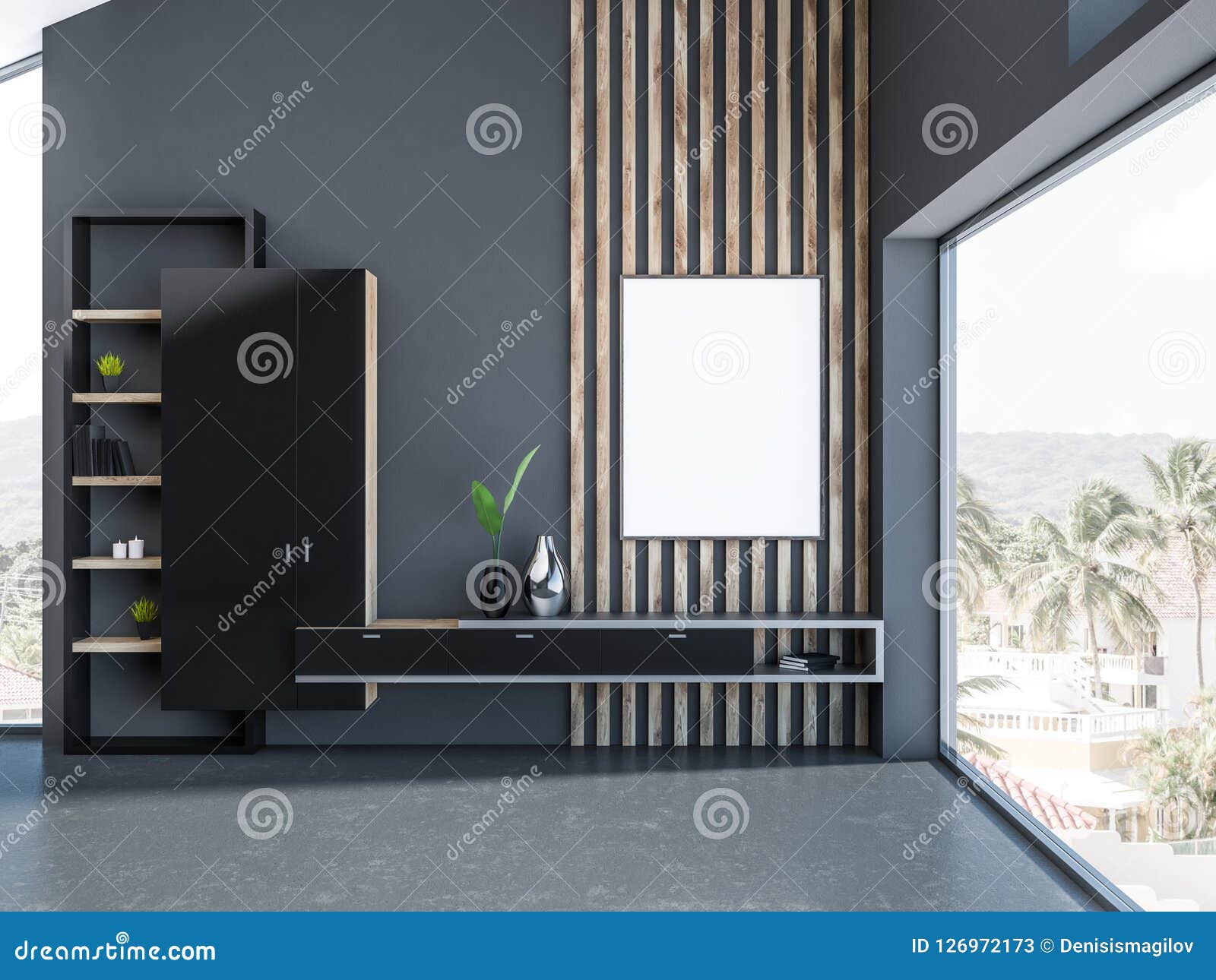 Gray And Wood Home Office Interior Poster Stock Illustration