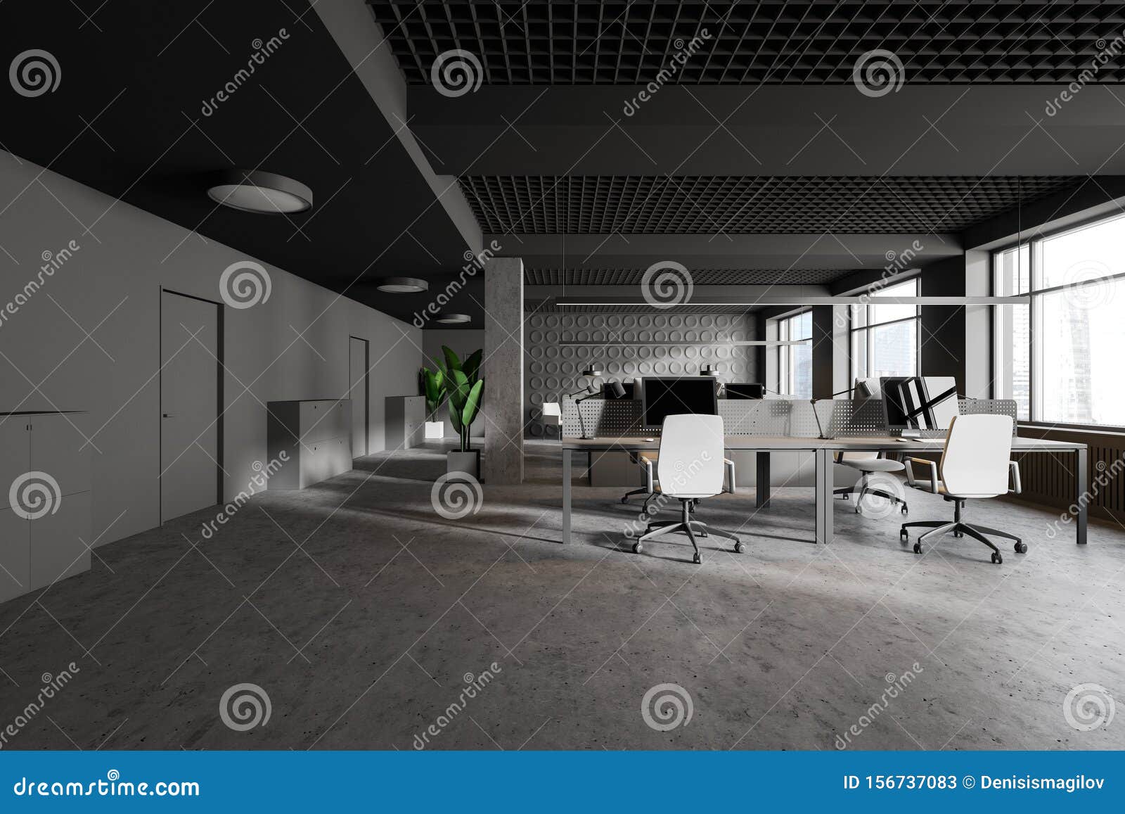 Gray Industrial Style Open Space Office Interior Stock Illustration