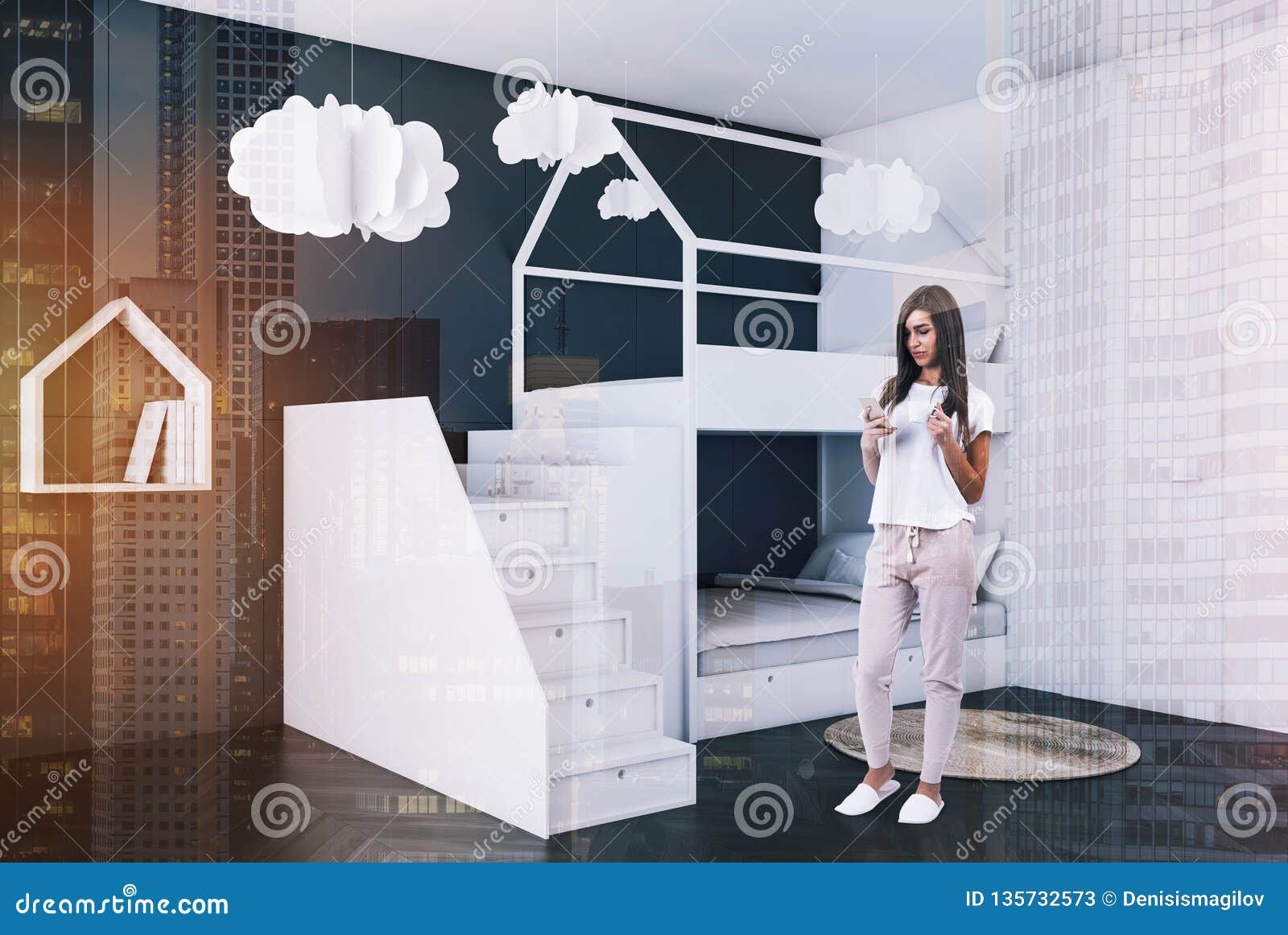 Gray Kids Bedroom Corner Bunk Bed Woman Stock Image Image Of