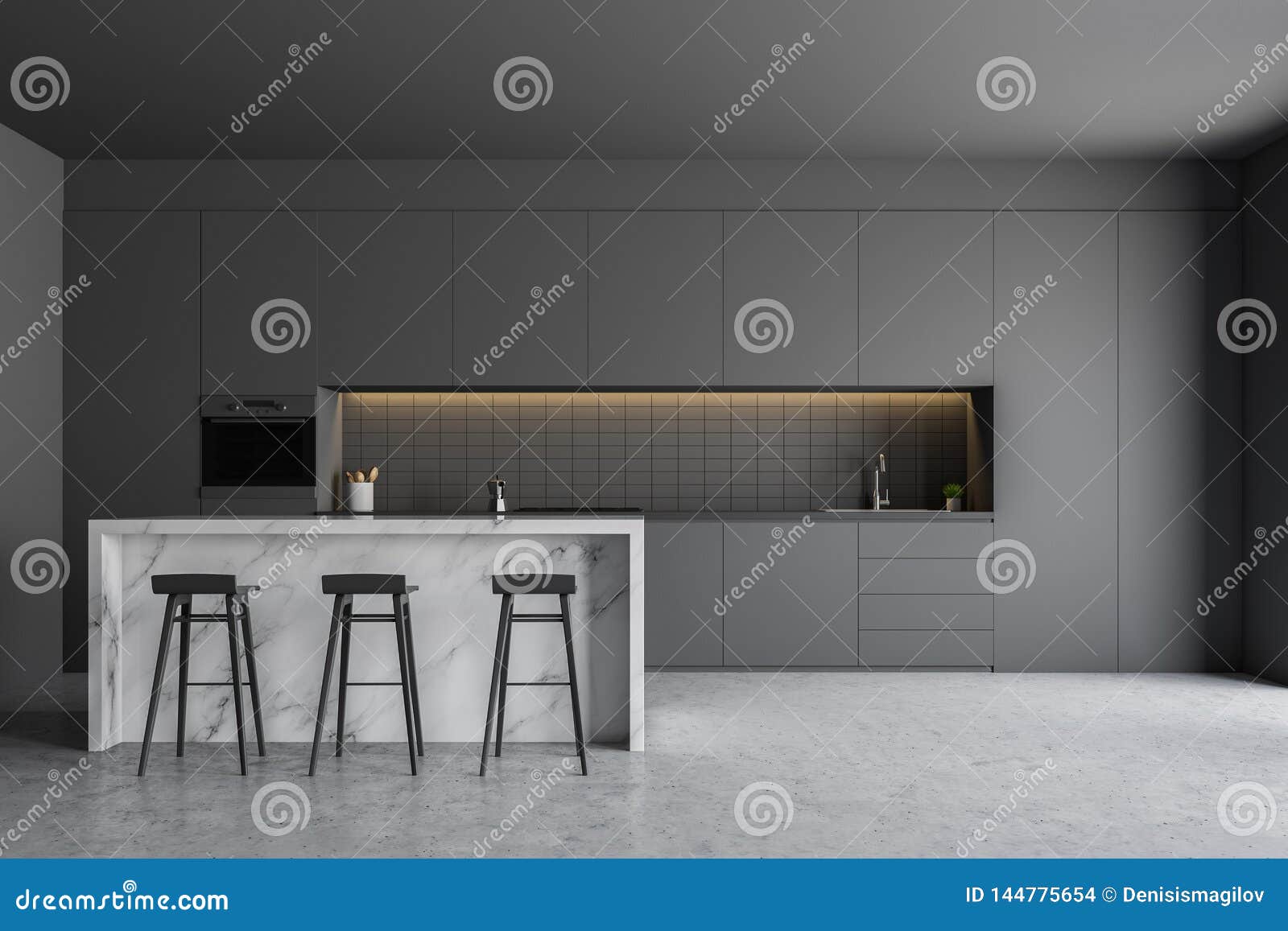 Gray Kitchen With Countertops And Bar Stock Illustration