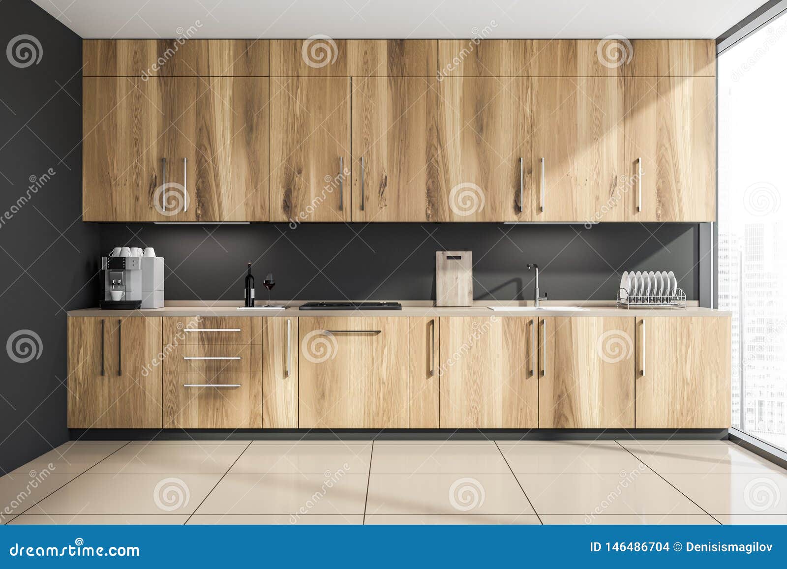 Gray Kitchen With Wooden Countertops Stock Illustration