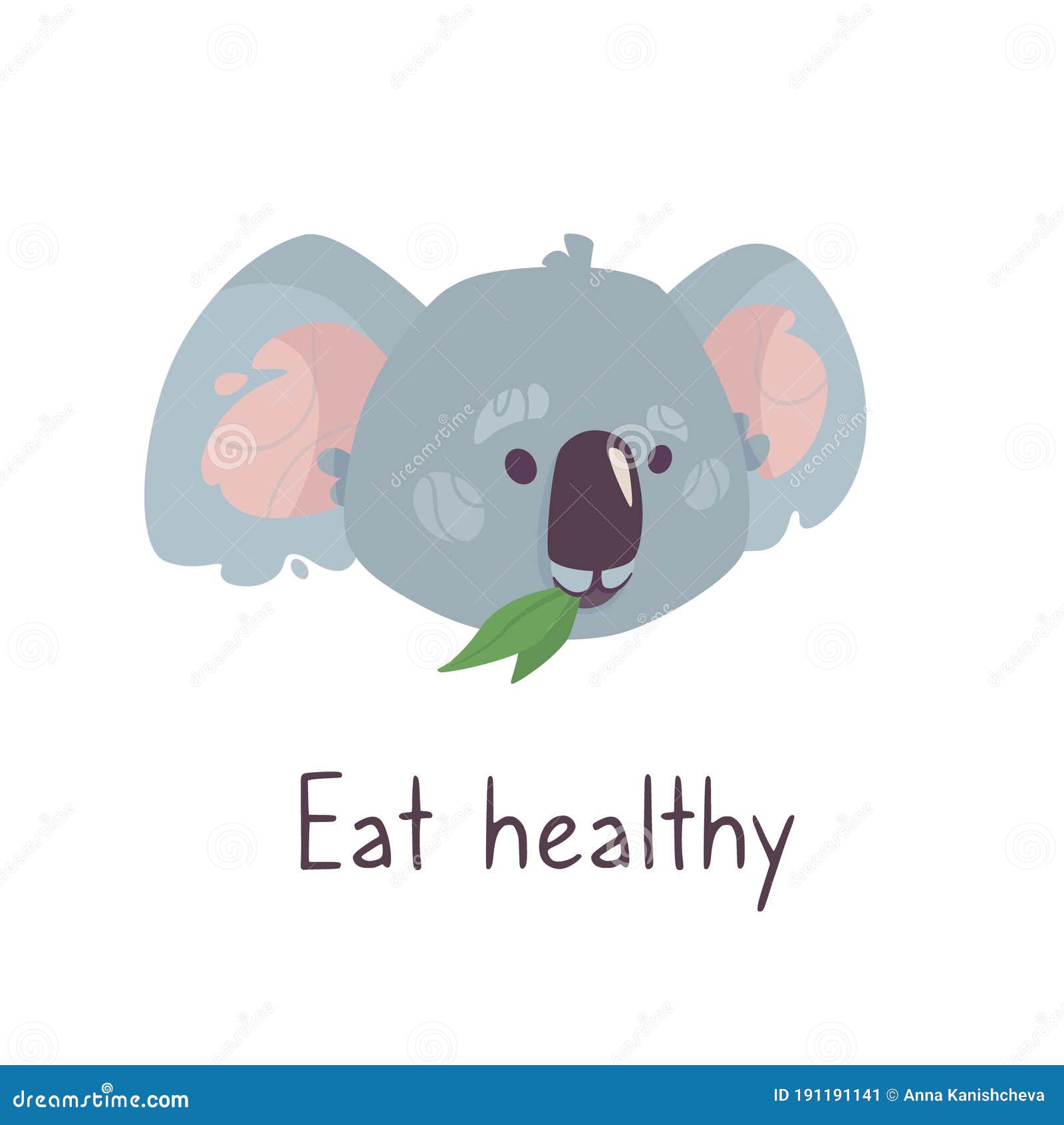 gray koala chews foliage and the inscription healthy nutrition. funny australian animal in cartoon style.  on a