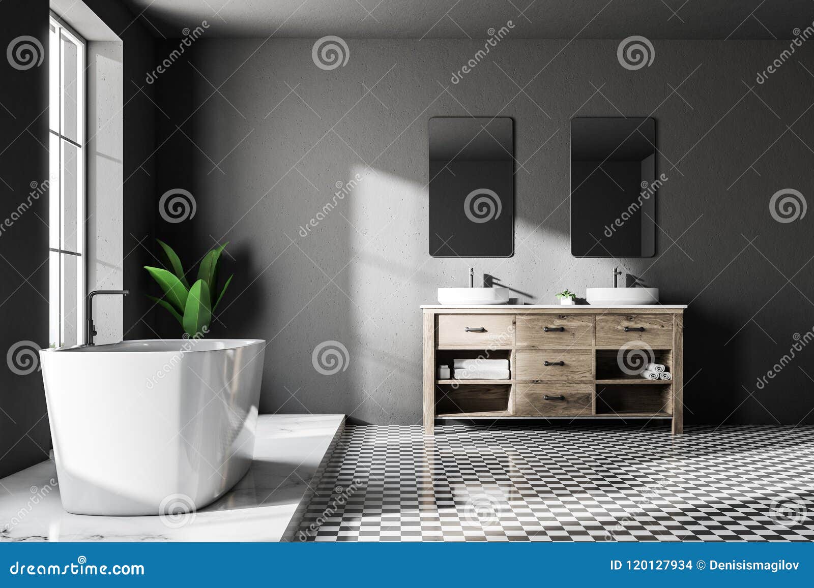 Loft Gray Luxury Bathroom White Tub Front Stock Illustration