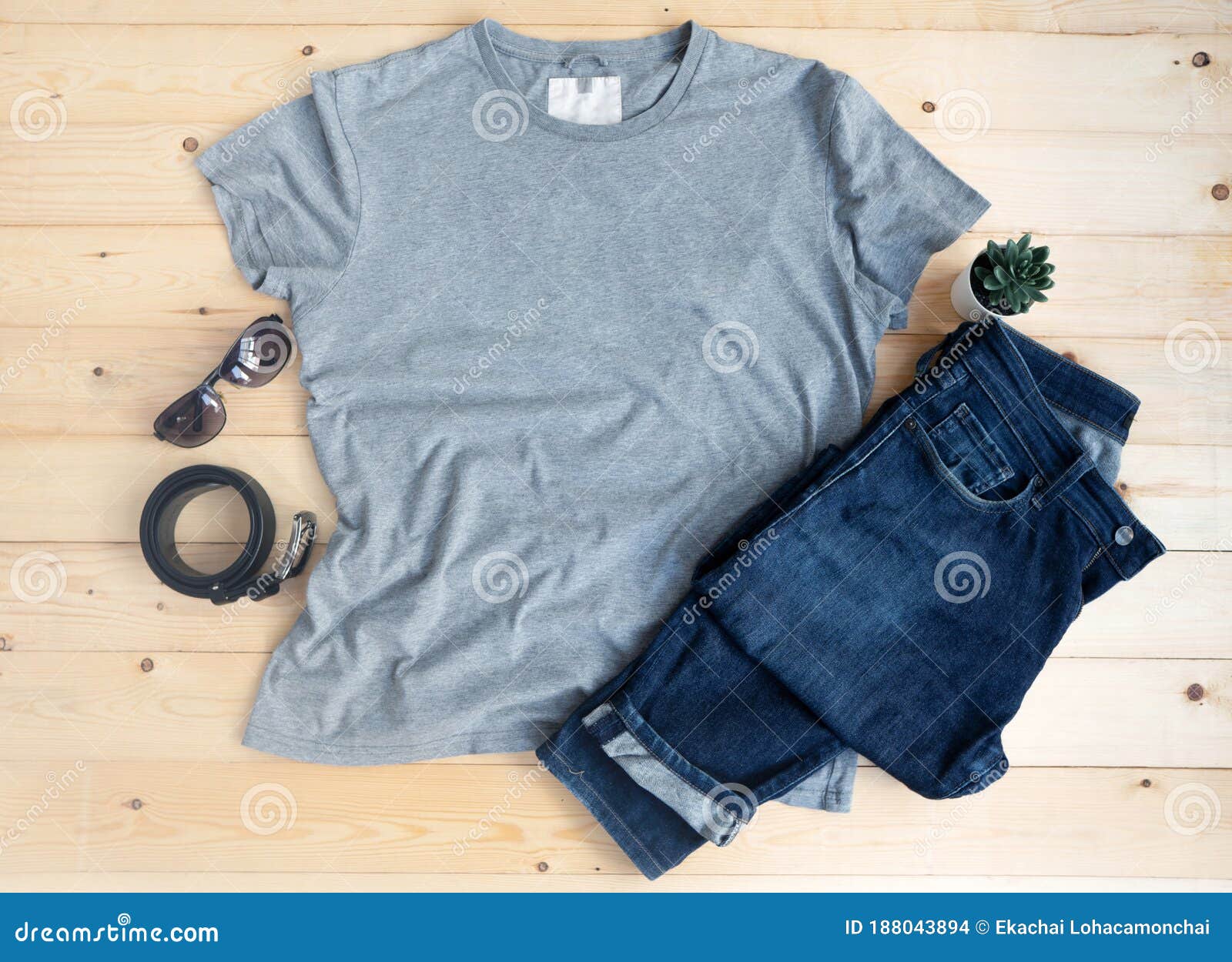 Gray Male T Shirt Mock Up Flat Lay on Wooden Background. Top Front View ...