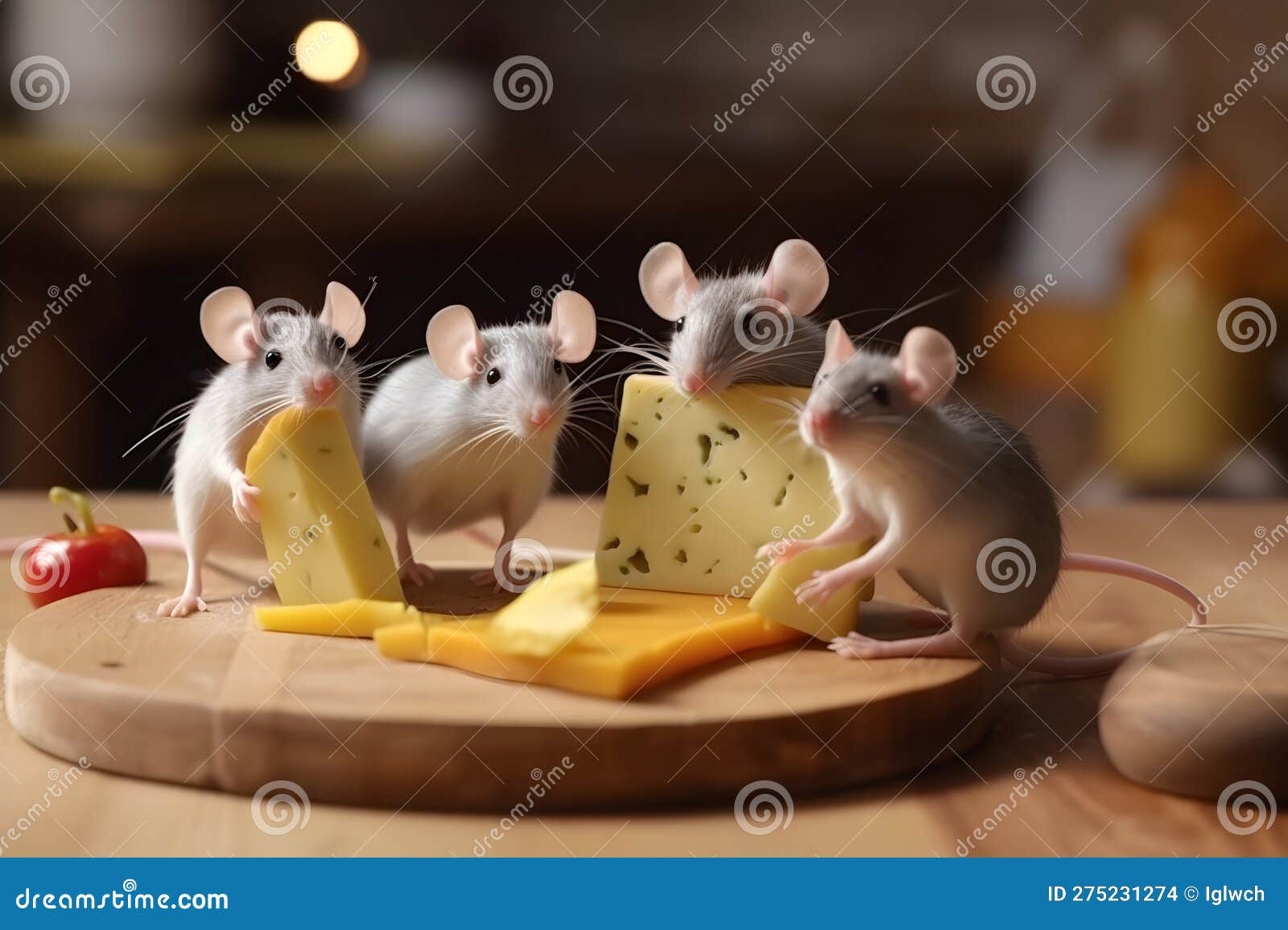 Gray Mice Approach a Piece of Cheese on the Kitchen Table, Generative