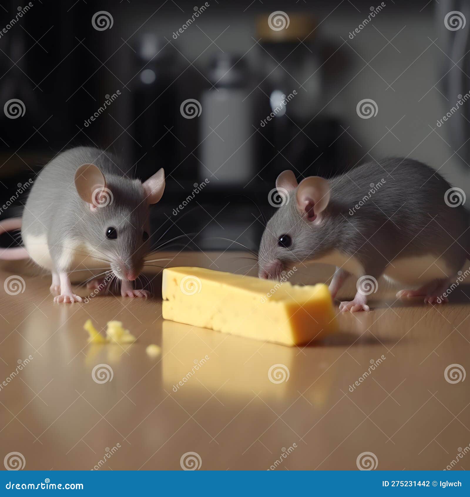 Gray Mice Approach a Piece of Cheese on the Kitchen Table, Generative
