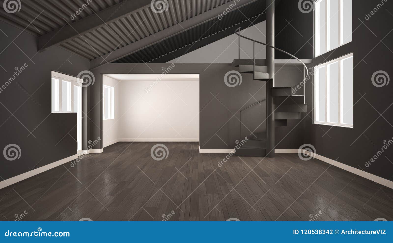 Gray Modern Empty Interior Open Space With Mezzanine And