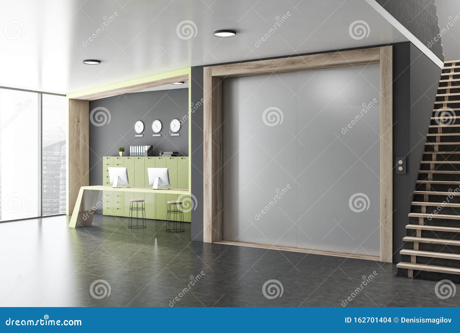 Gray Office Elevator Hall With Reception Stock Illustration