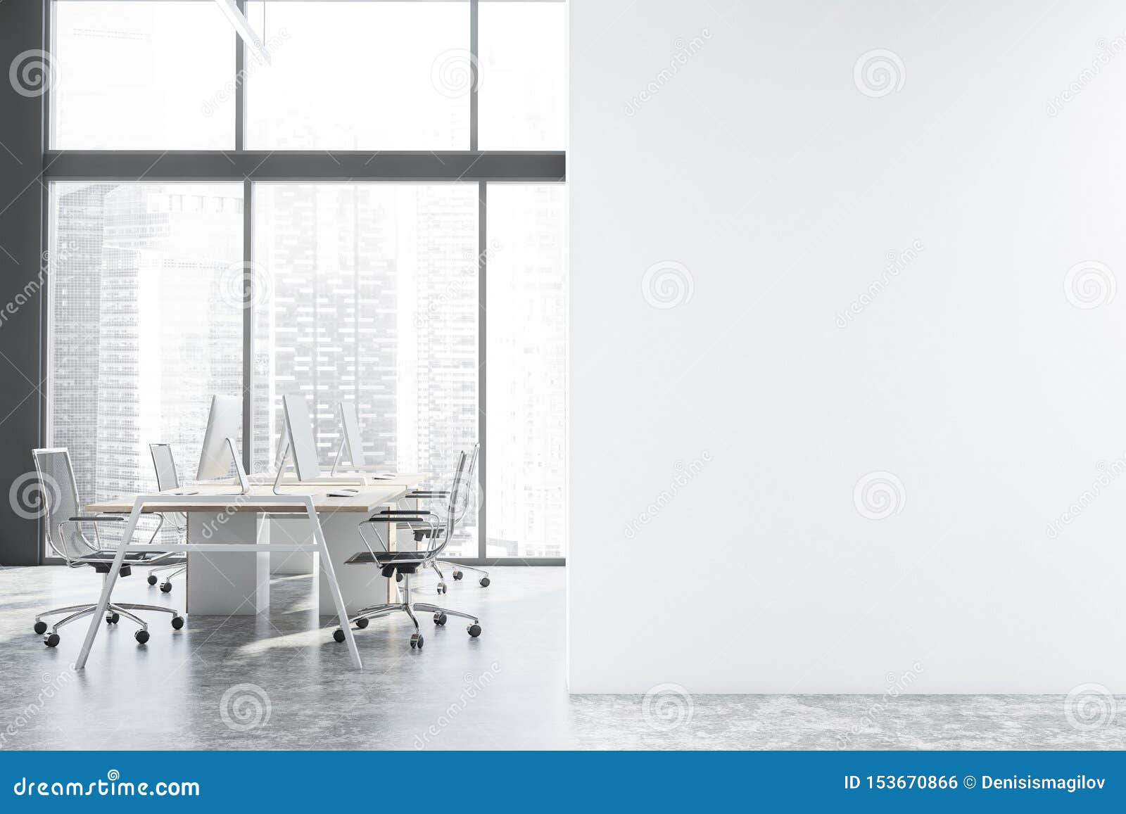 Gray Panoramic Open Space Office Mock Up Wall Stock