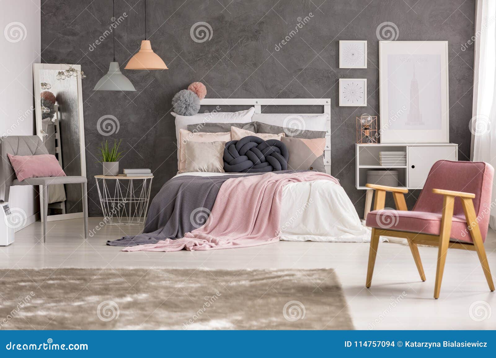 grey and pink teenage girl bedroom