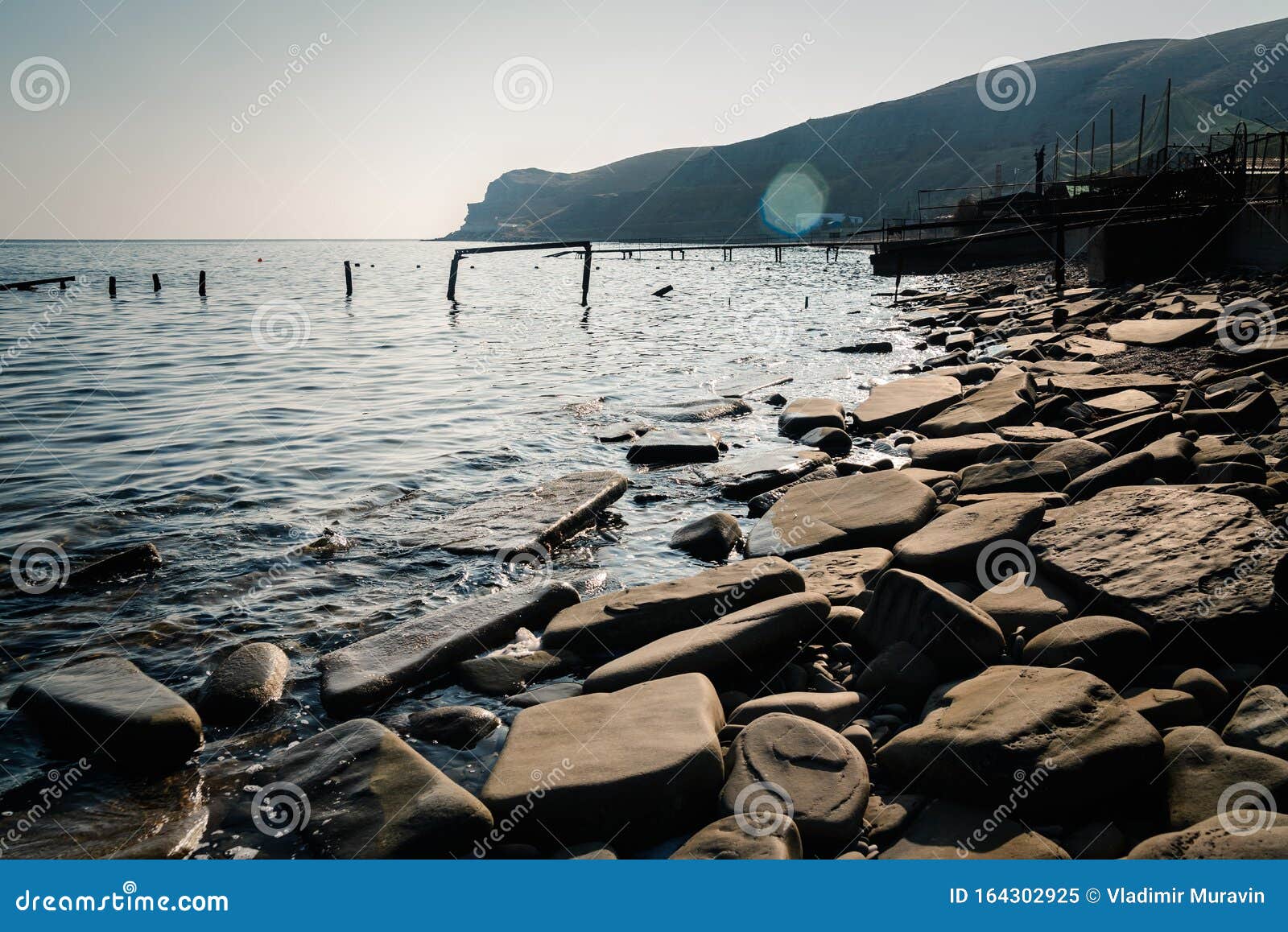 Gray Rocky Seashore in the Evening Stock Image - Image of material ...