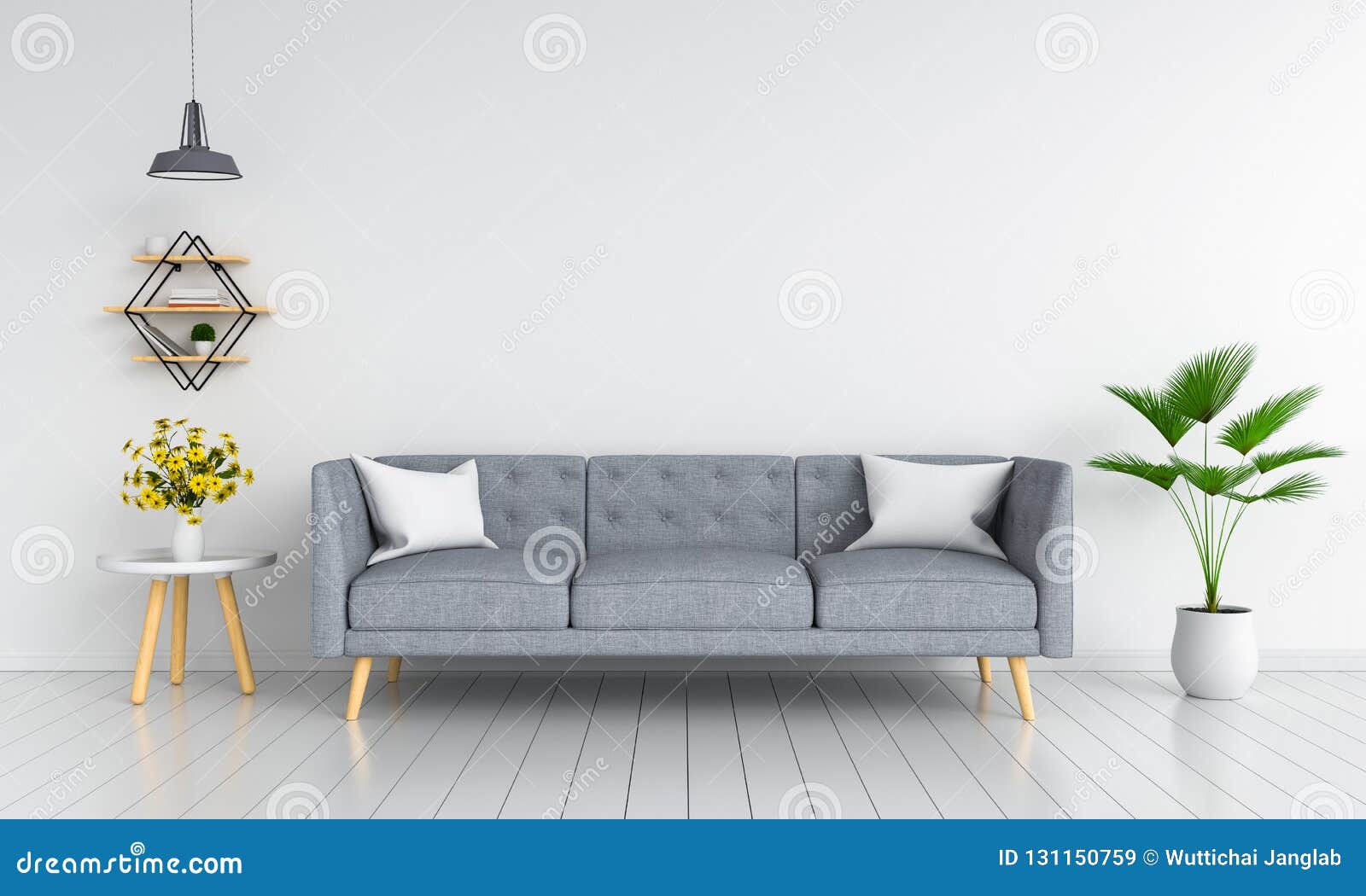 gray sofa in living room for mockup, 3d rendering