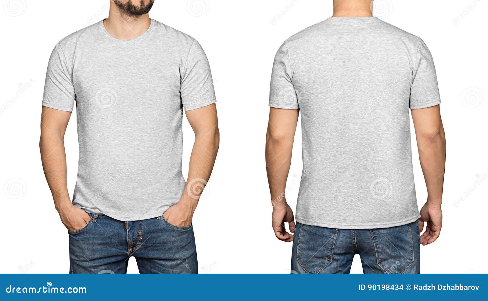 Gray T-shirt on a Young Man White Background, Front and Back Stock ...
