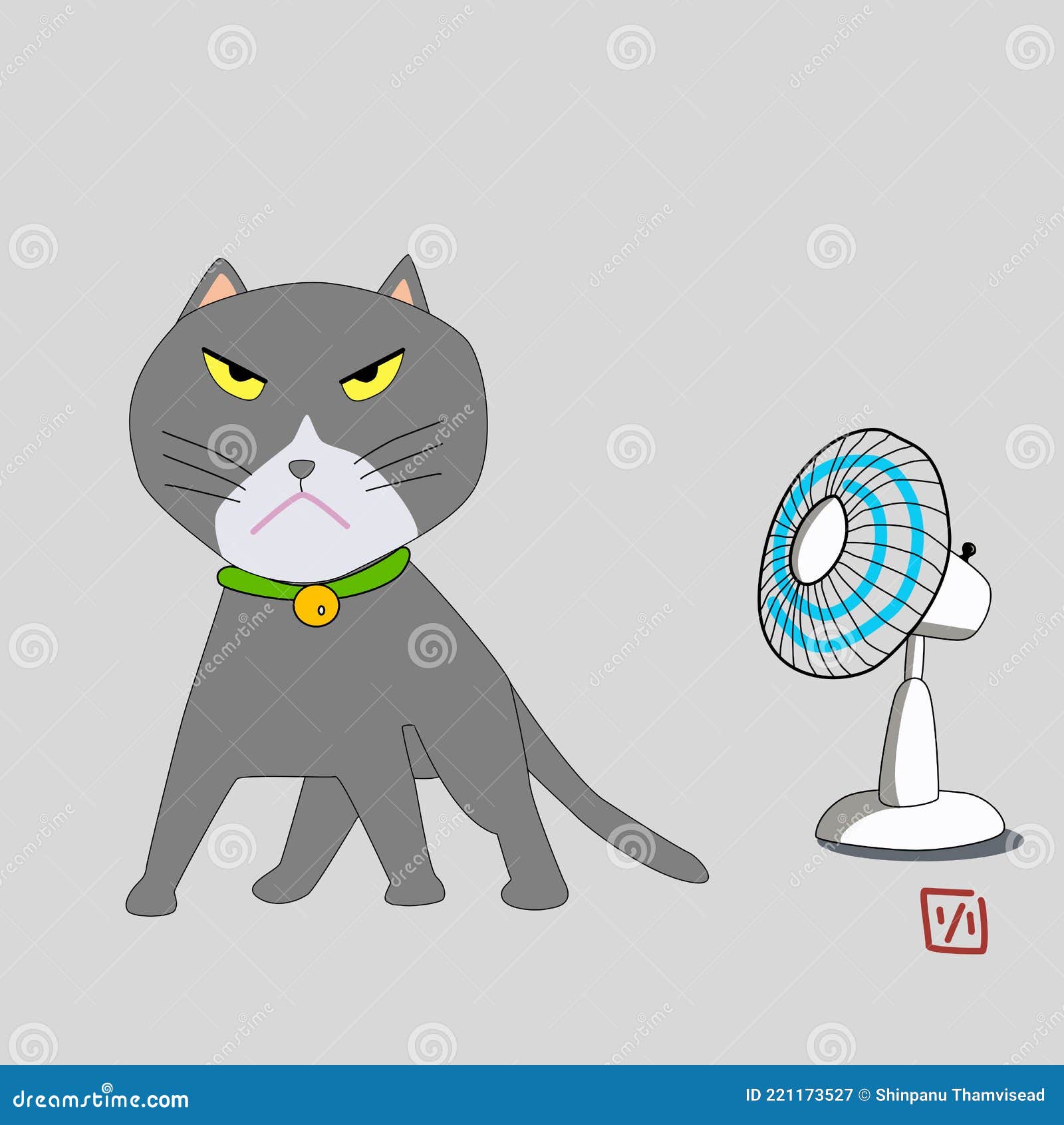 A Gray Tomcat. Angry Cat Cartoon with Electrical Fan. Cute Grumpy Cat
