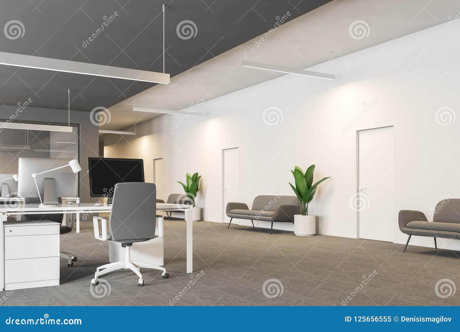 Gray and White Office Workplace with Couches Stock Illustration