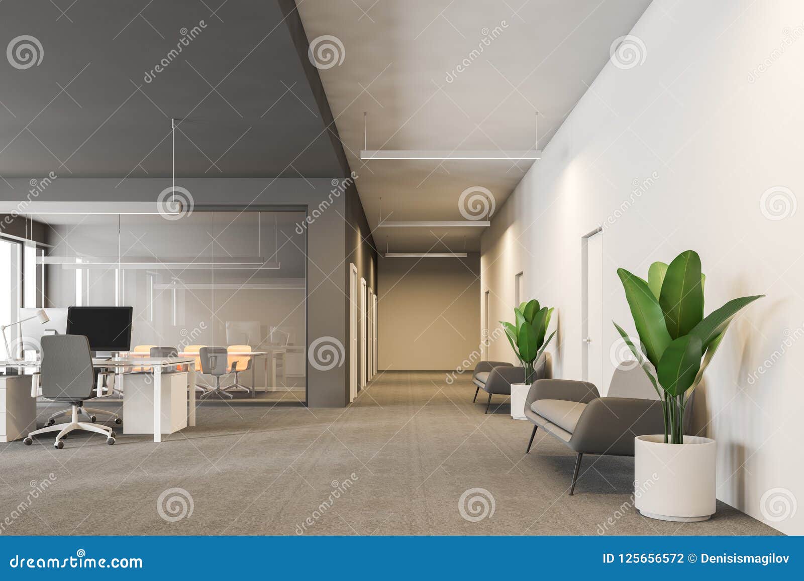 Gray and White Office Workplace Couches and Plants Stock Illustration