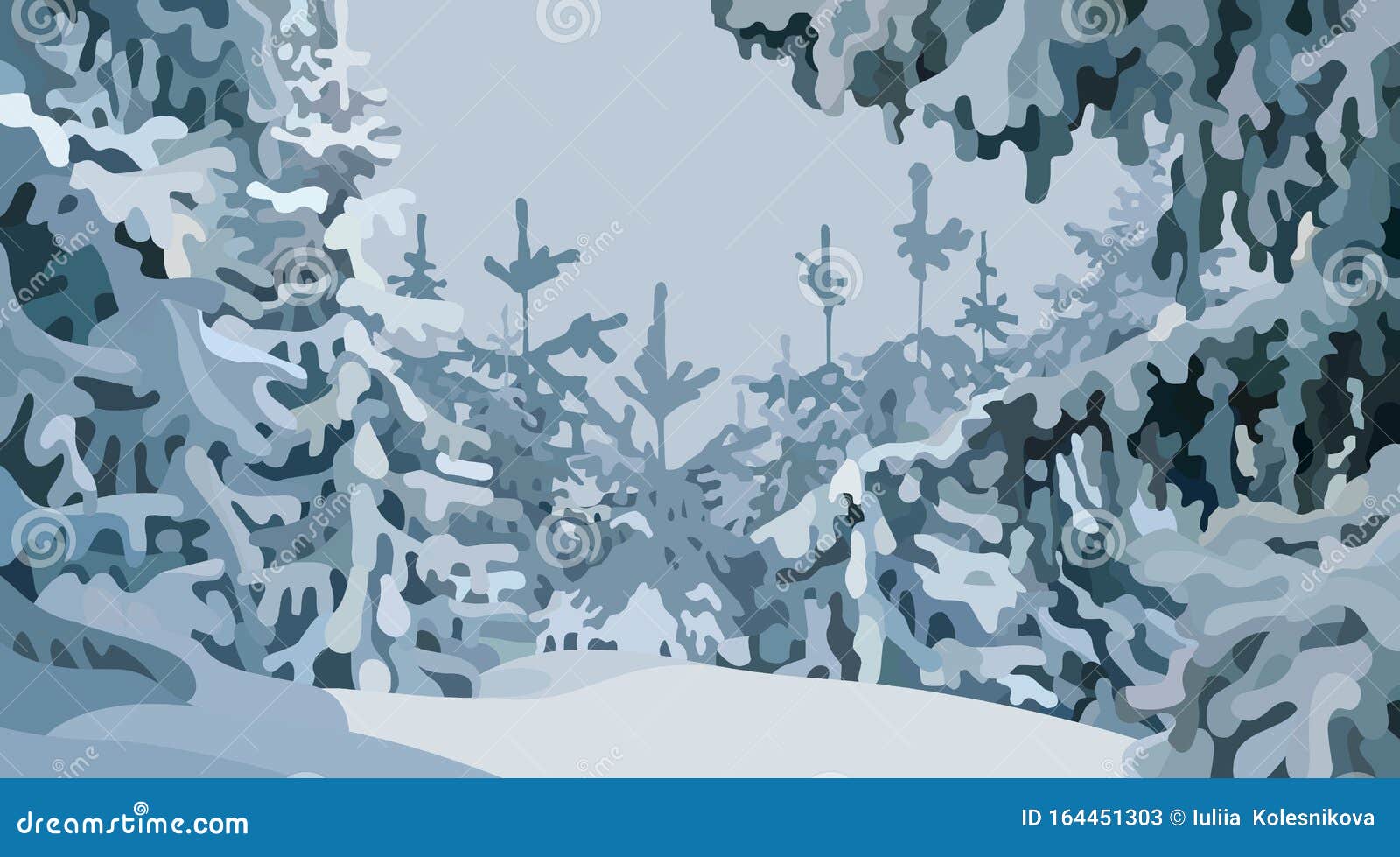 Winter Cartoon Forest Background with Snowy Fir Trees Stock Vector