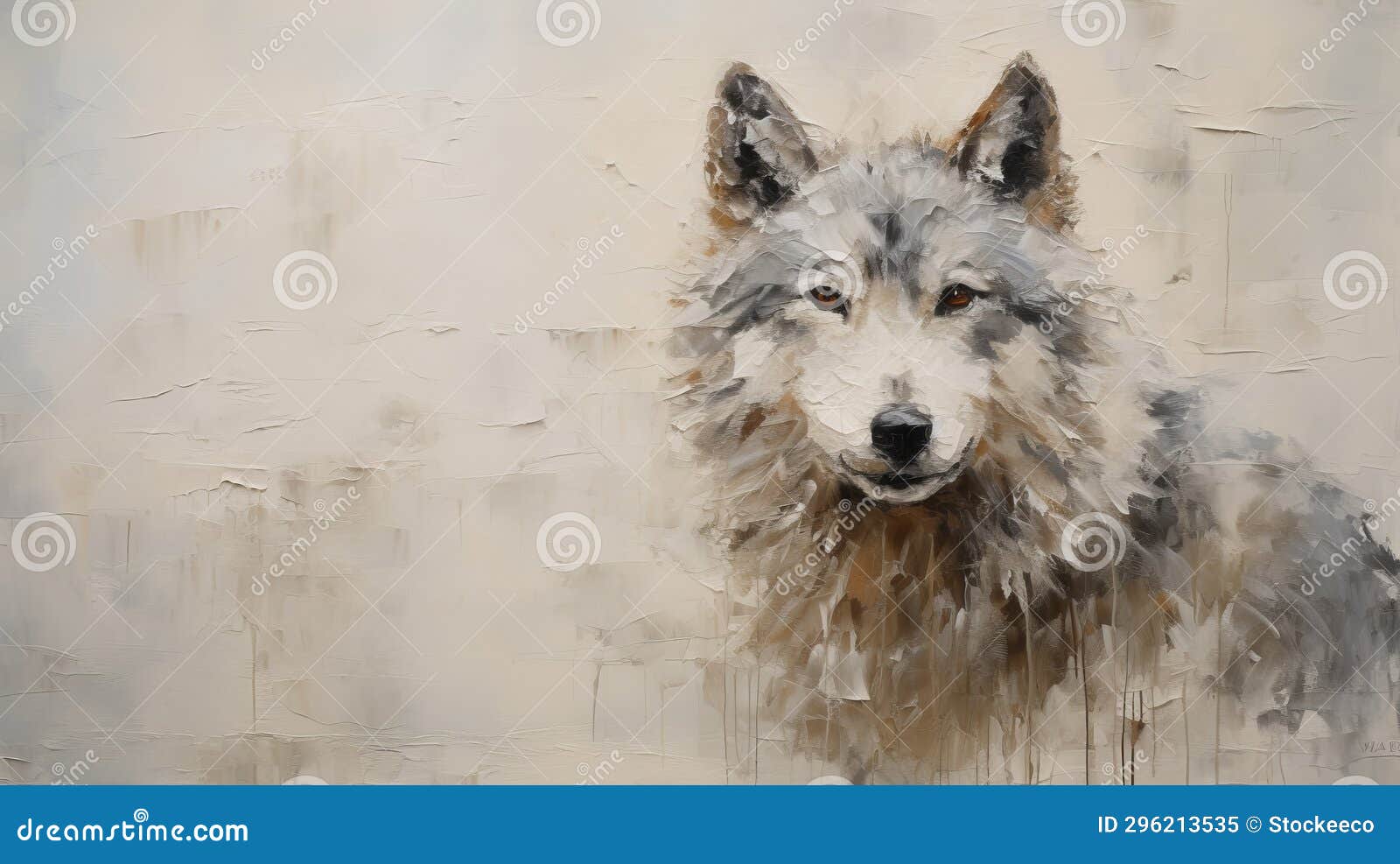 minimalistic impasto painting of grey wolf on beige background