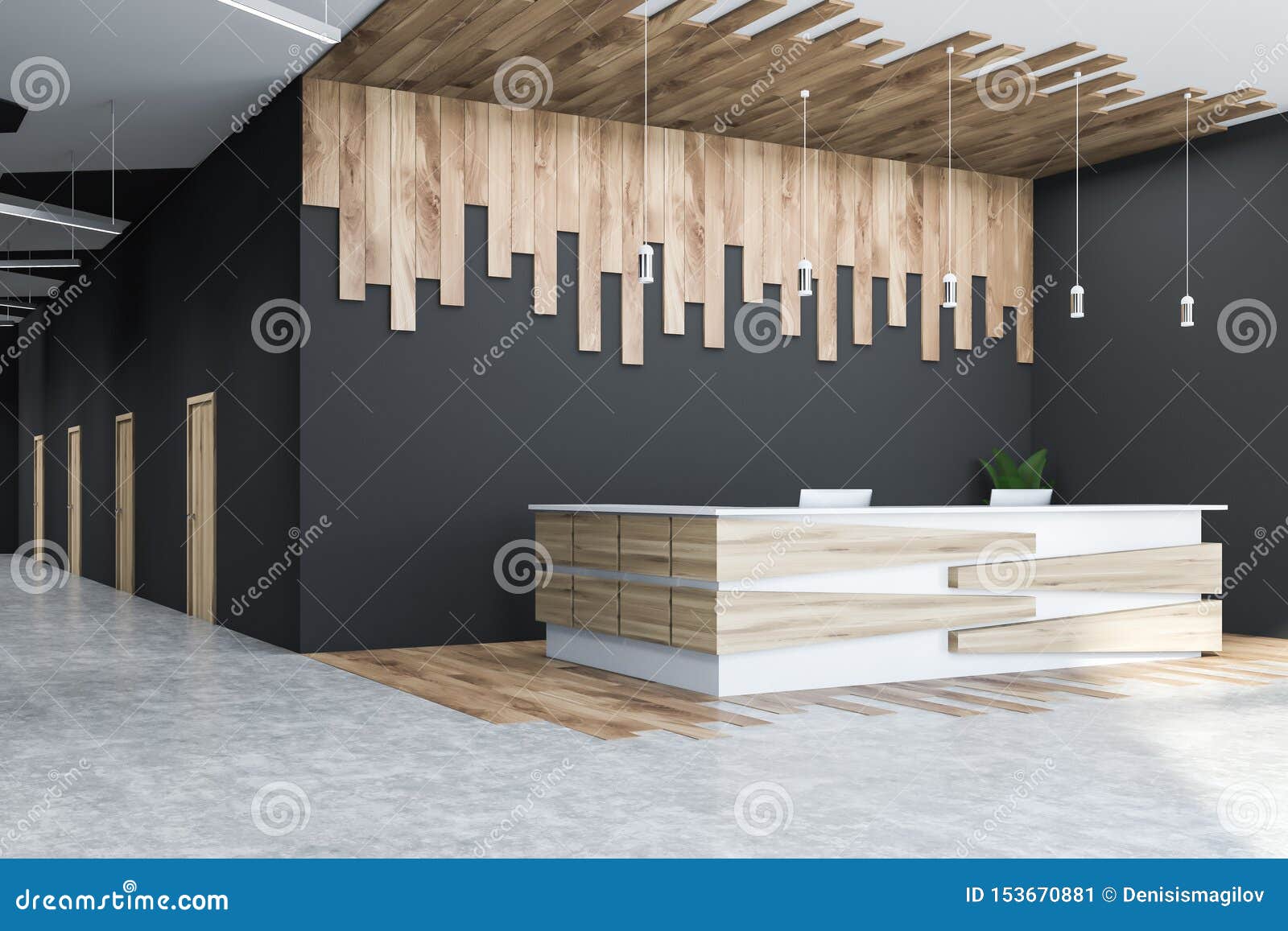 Gray And Wooden Office Hall Corner Reception Desk Stock