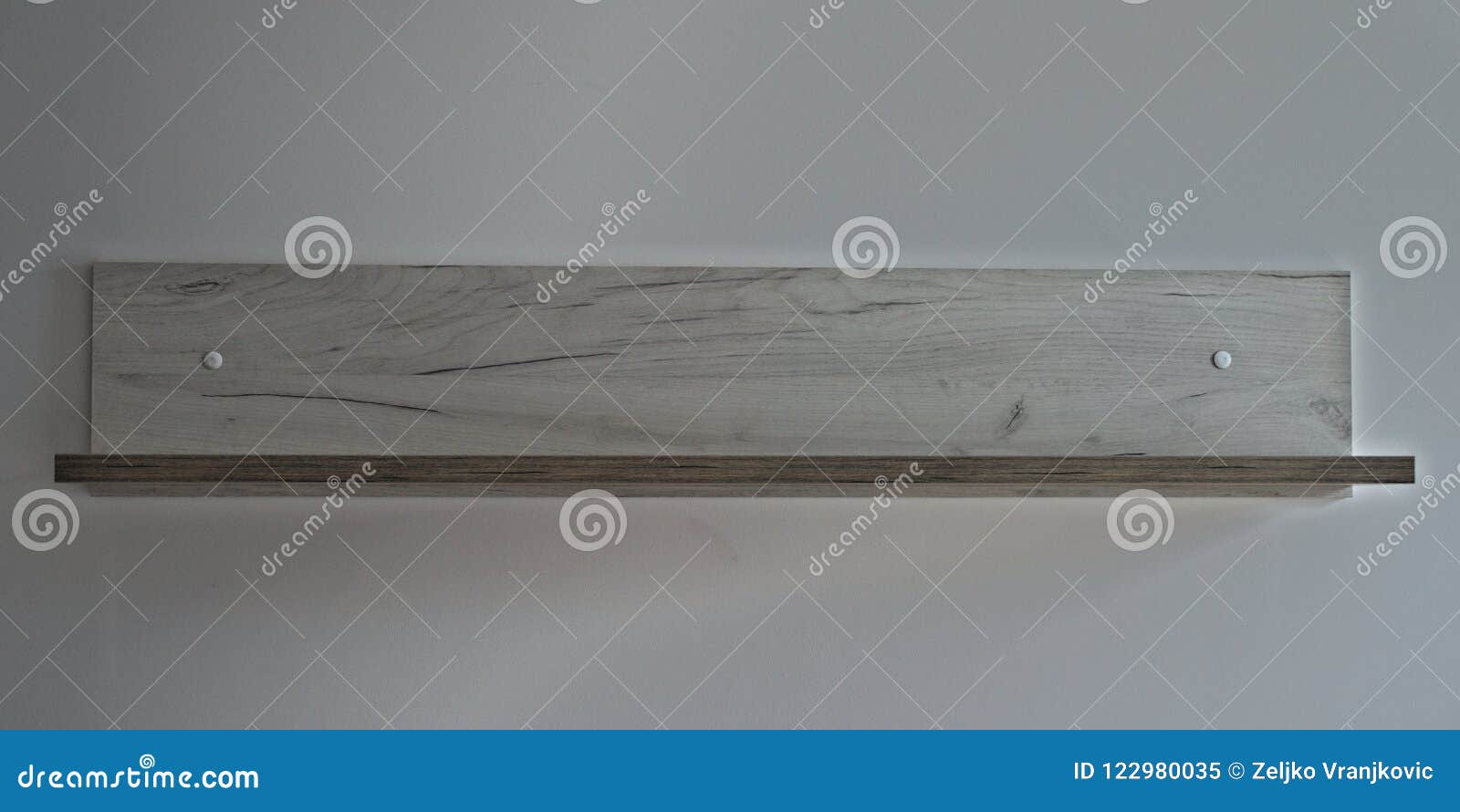 Gray Wooden Shelf on White Wall, Front View Stock Image Image of