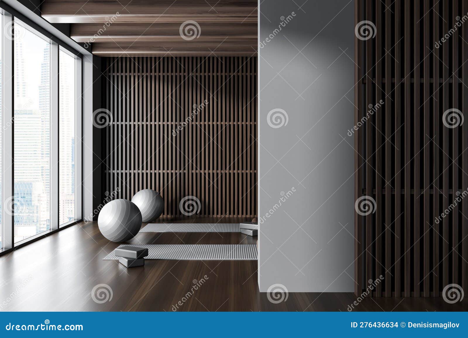 Gray and Wooden Yoga Studio Interior with Mats, Fitballs and Blank Wall  Stock Illustration - Illustration of healthy, indoors: 276436634