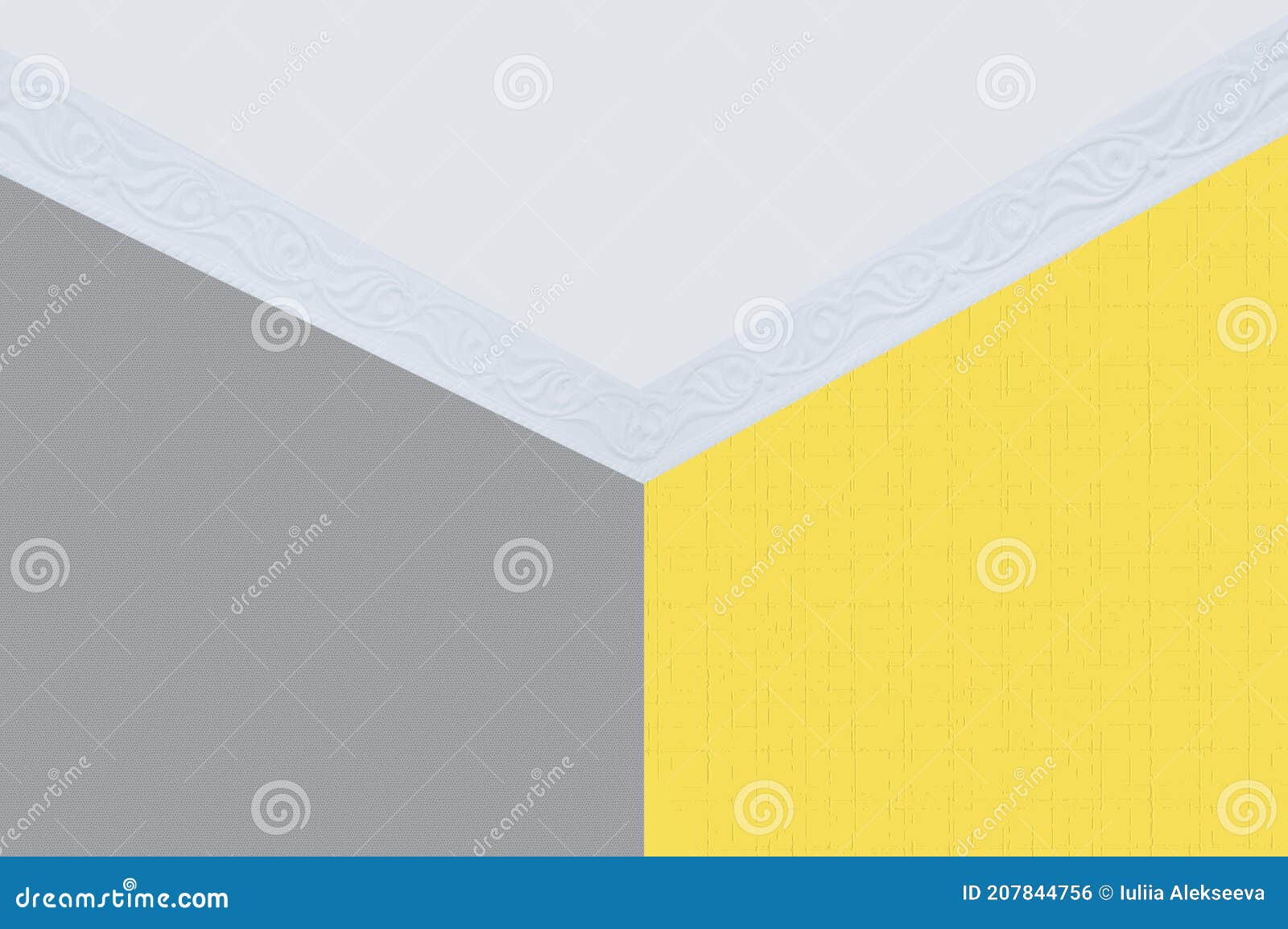 Gray and Yellow Wallpaper on the Walls of Room. Ceiling and Ceiling