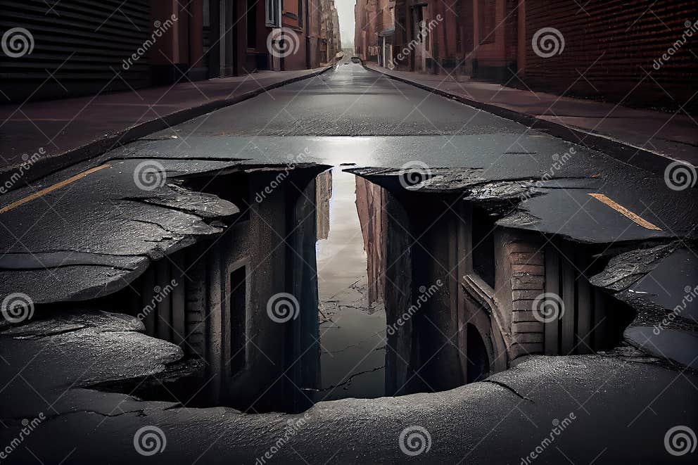 Grayishblack Sewer Water Seeping through the Cracks in the Street