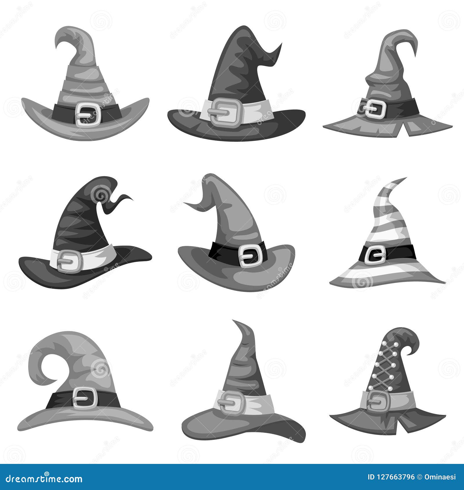 grayscale blank cartoon witch hat halloween party costume icons set tamplate edit  