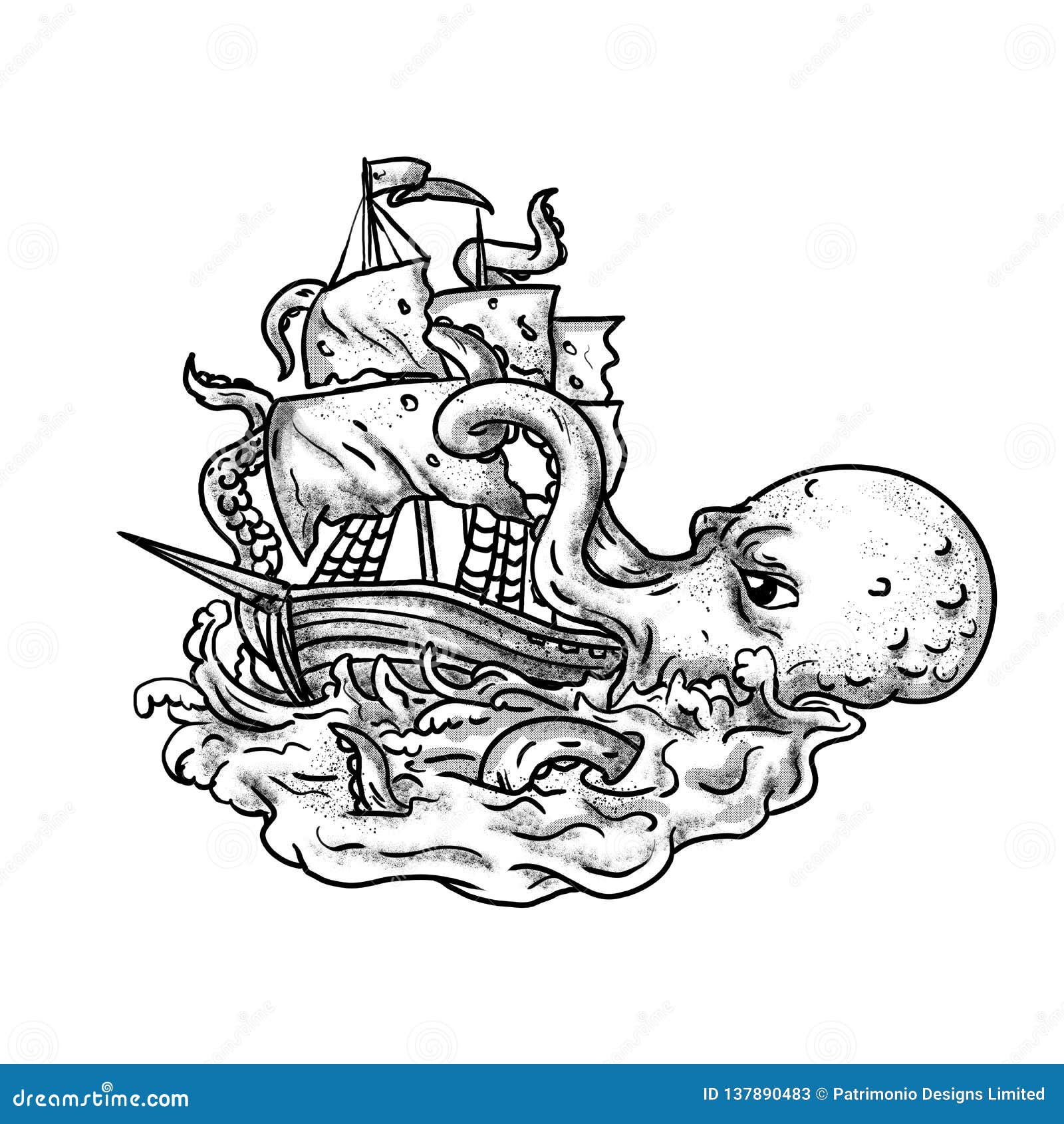 Grayscale De Ataque Da Tatuagem Do Navio De Kraken Ilustração Stock -  Ilustração de calamar, ondas: 137890483, image size:1600x1690