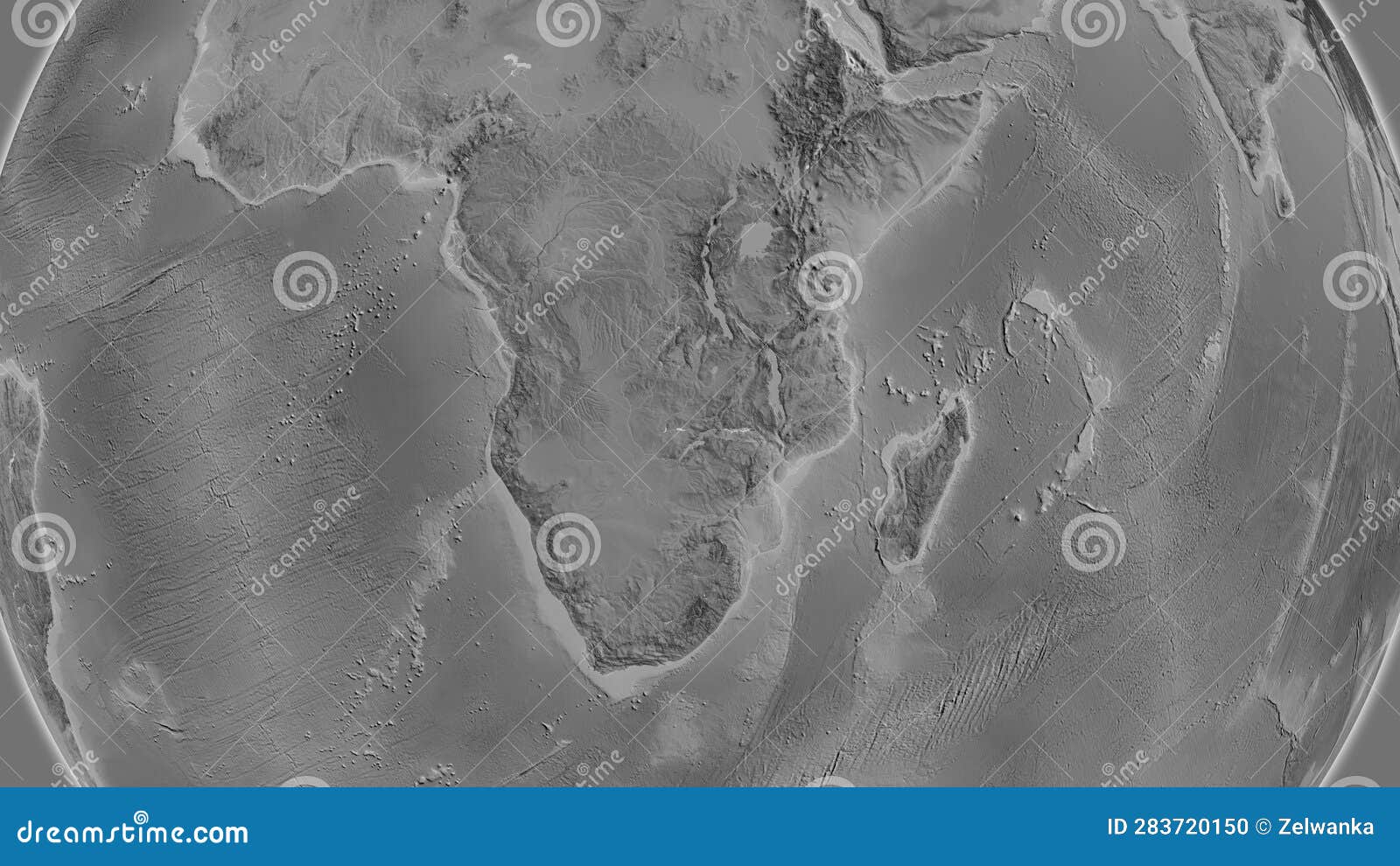 globe centered on zambia neighborhood. grayscale map