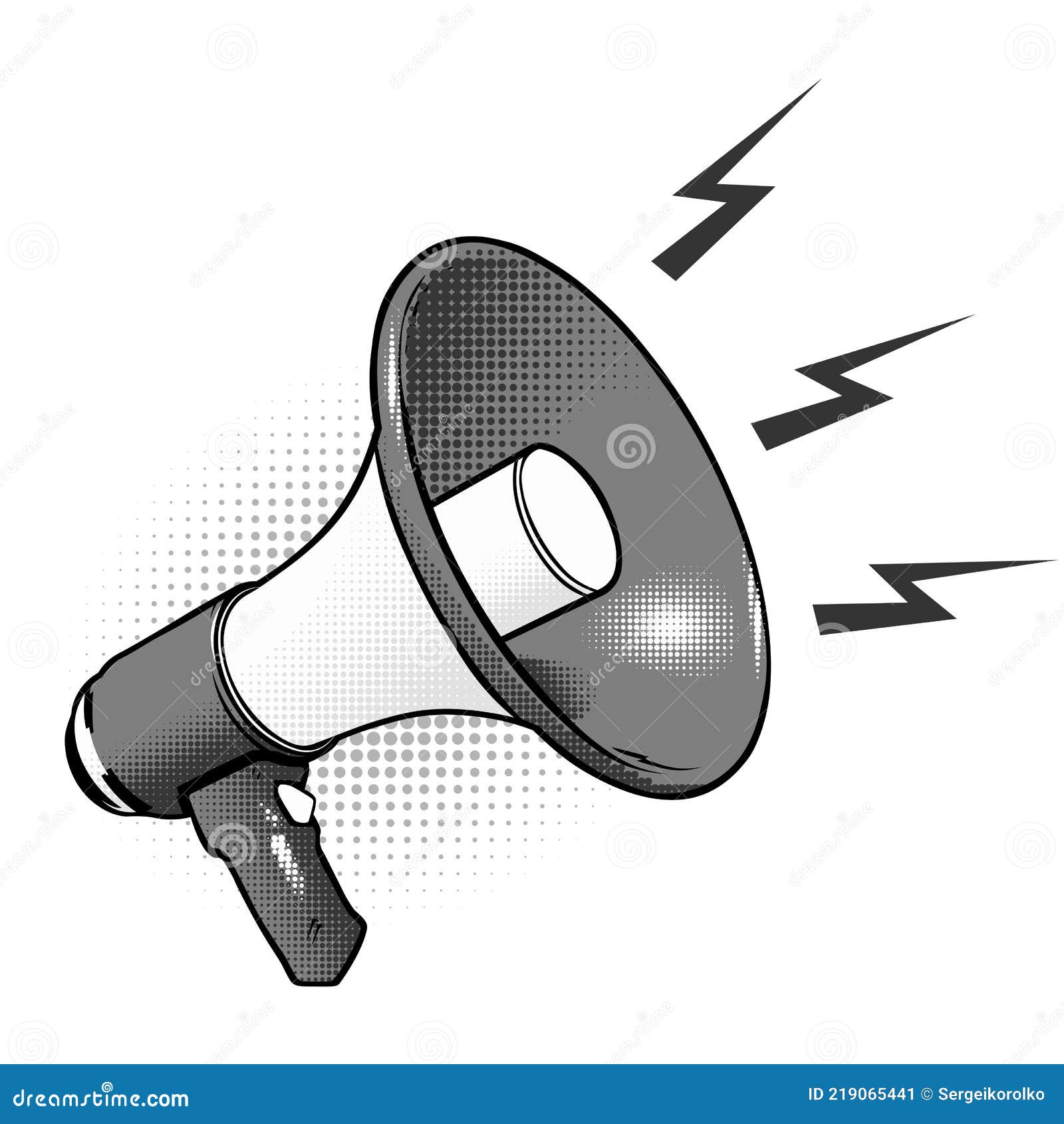 Grayscale Megaphone Icon in Cartoon Comic Style with Halftones Isolated