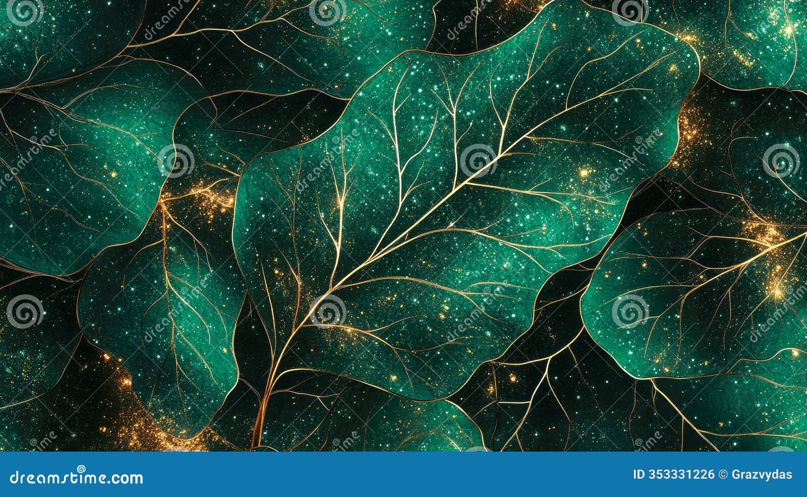 grean leaf texture background with golden veins and golden glittering