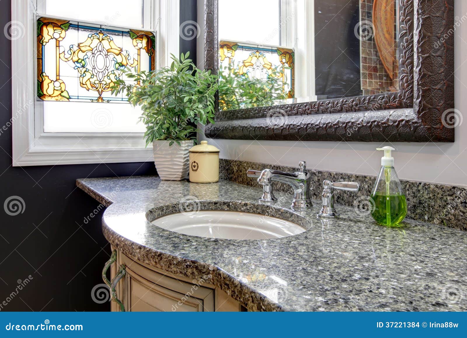 Great Combination of Marble, Rustic Framed Mirror and Mosaic Win Stock