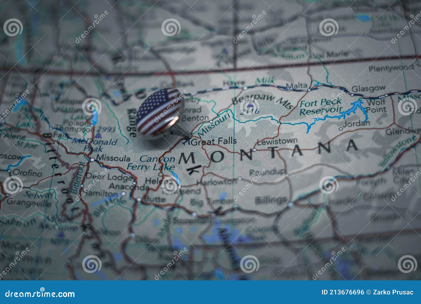 great falls, montana pinned on a map with usa flag
